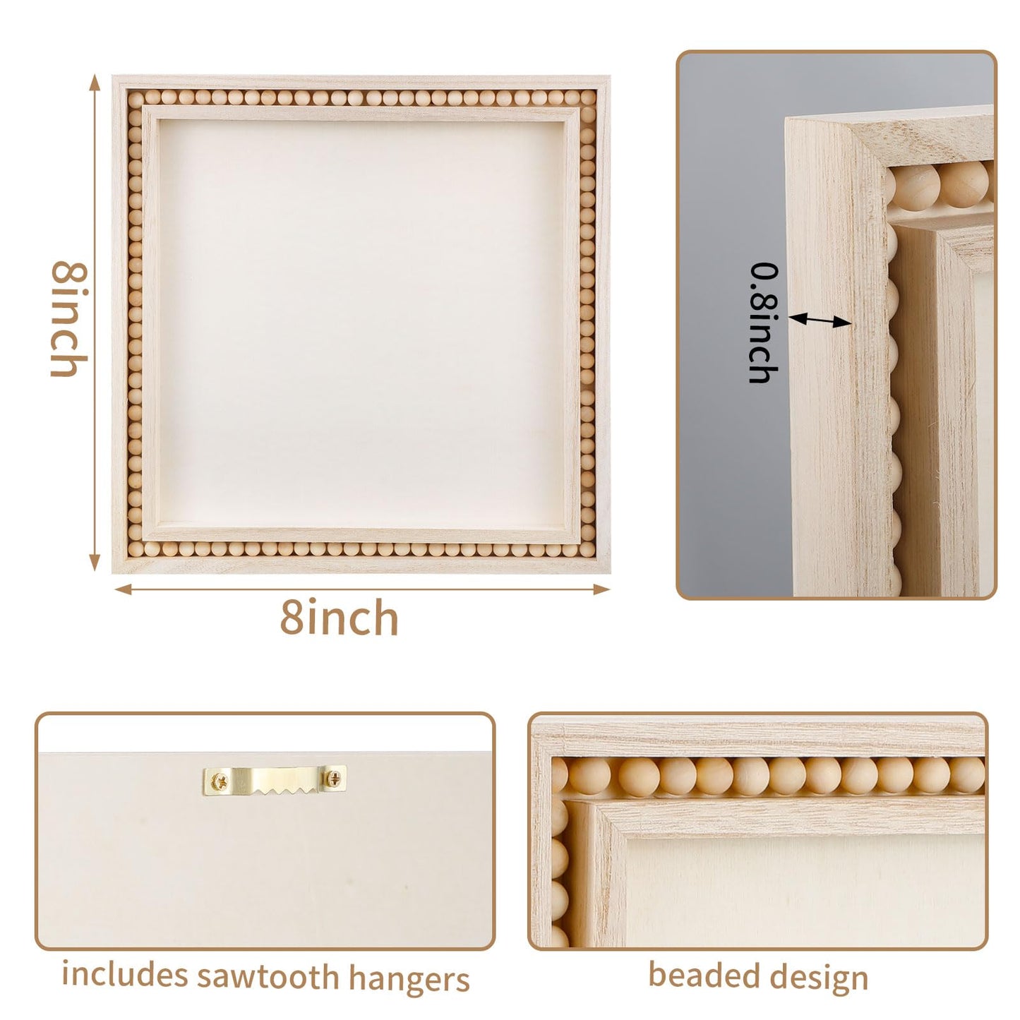 Wenqik 4 Pack Beaded Wood Canvas Panels Unfinished Wooden Blank Framed Signs Boho Style Panel Boards Square Plaques for DIY Crafts Painting Pouring Drawing Art Projects(8 x 8 Inch)