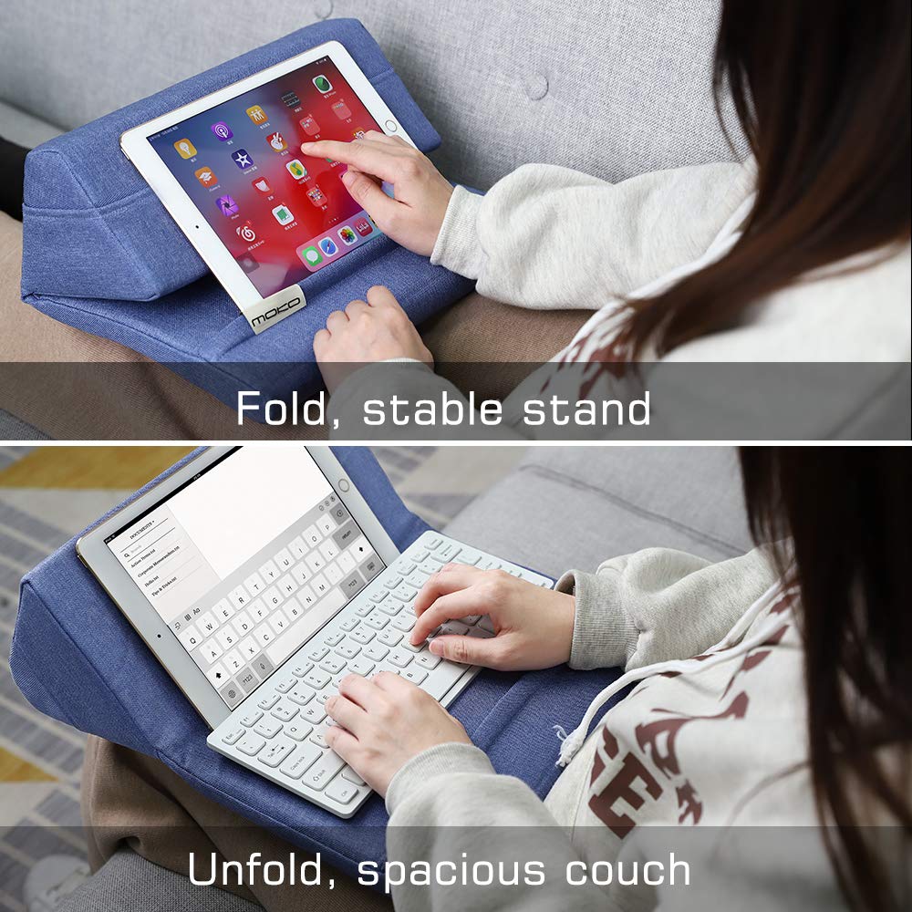 Moko Tablet Pillow Stand, Soft Bed Pillow Holder Xmas Gift for up to 11" Pad, Fits iPad 10.2"(9th Gen), New iPad mini 6 8.3" Air 4/3, iPad Pro 11/10.5/9.7, Mini 5 4, Galaxy Tab S6/S7 11", Denim Blue