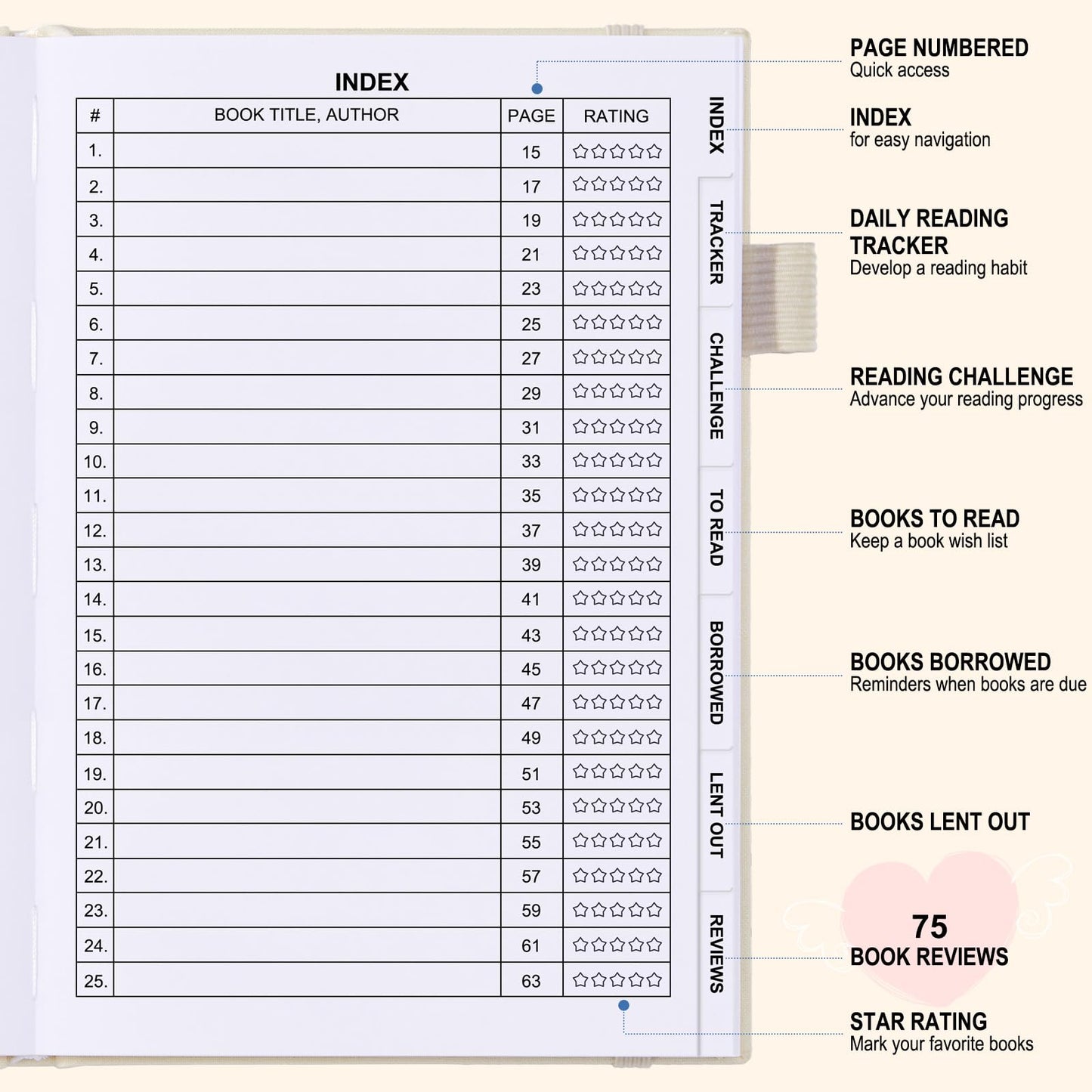 Comkiso Reading Journal for Book Lovers - 75 Book Journal Reading Log for Book Tracking, A5 Linen Book Review Journal with TBR Tracker List, Ratings, Challenges, Prompts, and Index - Beige