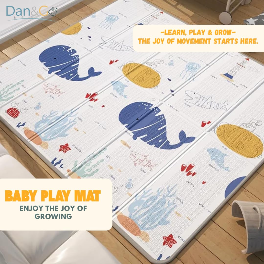 DAN&GO Extra Large Baby Play Mat, Foldable, Double-Sided, Beige, Non-Toxic XPE Material, Portable Activity Floor Mat for Babies 0-12 Months & Kids, Educational Design (Ocean, 71 * 79 * 0.4)