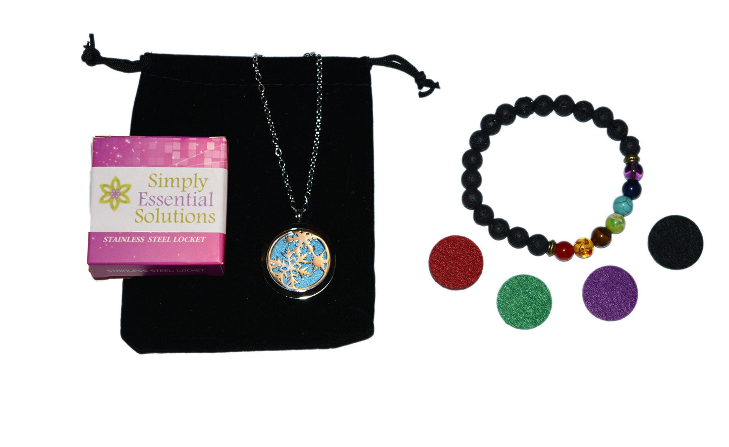 Aromatherapy Essential Oil Diffuser Stainless Steel 30MM Silver Magnetic Locket Pendant with Chain Necklace and Colored Refill Pads & Diffuser Bracelet all in a velvet bag (Snowflake2)