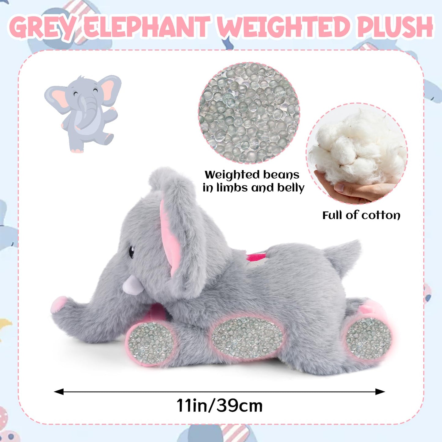 KOPHINYE Weighted Elephant Stuffed Animal, Gray Soft Stuffed Elephant Plush Toy, Small Weighted Plush Comfort Birthday Gifts for Kids, 10 Inch, 0.8 Lbs