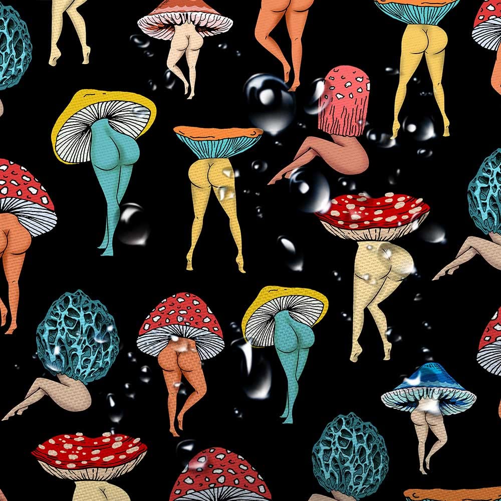 Uokiuki Funny Mushroom Butt Shower Curtain, Fun Cute Sexy Butt 70S 80S Fabric Shower Curtains for Bathroom Hippie Psychedelic Aesthetic Colorful Unique Cool Cloth Black Shower Curtain Set 70X70IN
