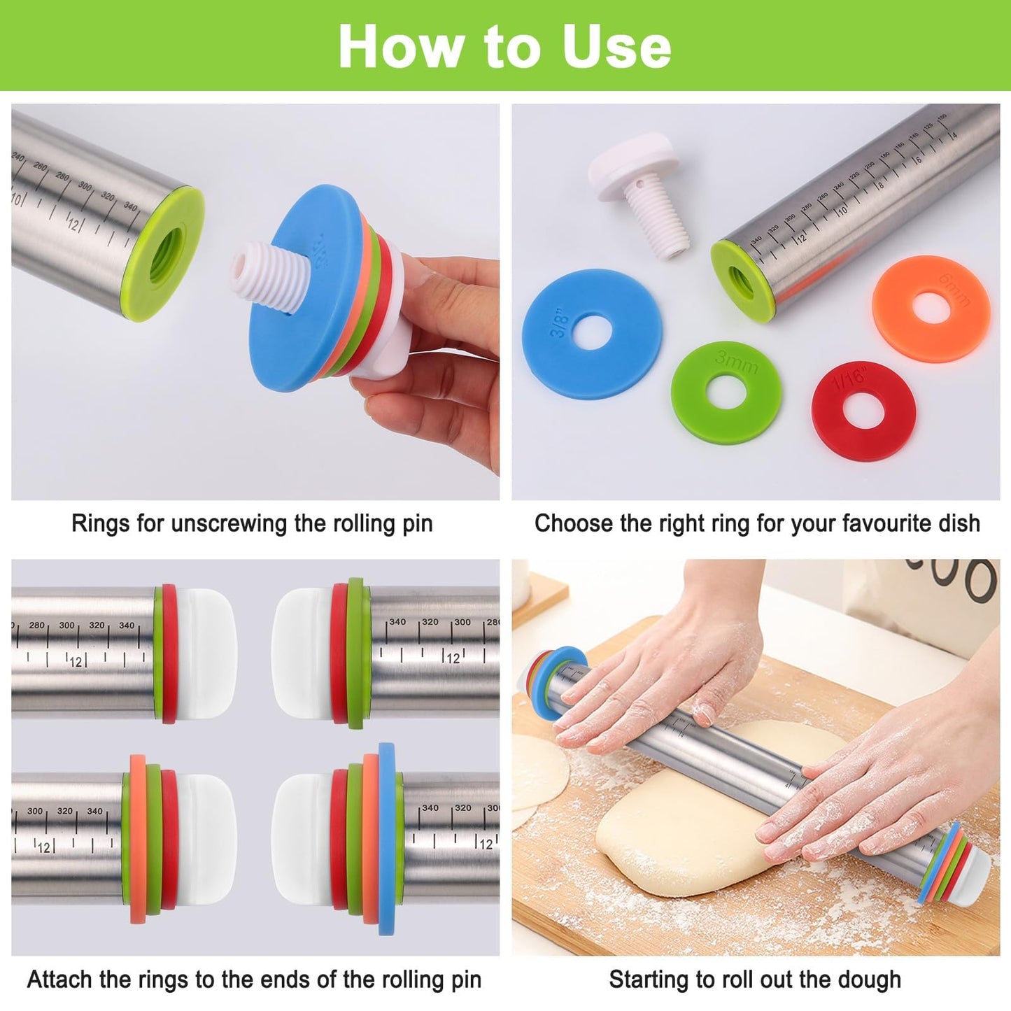 Rolling Pin with Thickness Rings and Silicone Baking Mat, Adjustable Stainless Steel Rolling Pins for Pasta or Sugar Decorating Cookies, Bread Making Tools Fondant Roller for Dough, Dumpling, Ravioli