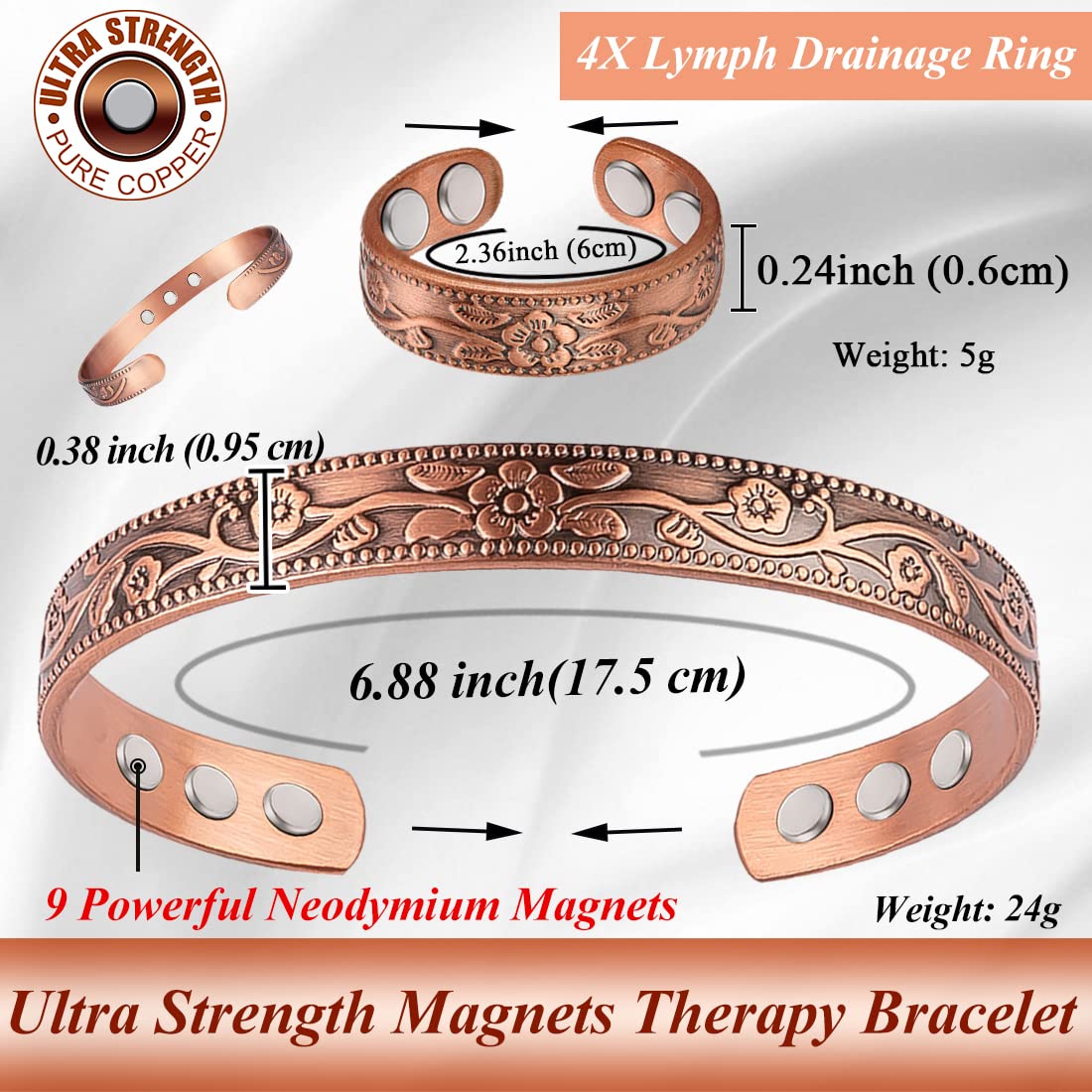Cigmag Copper Bracelets for Women and Copper Ring 99% Pure Copper Bracelet Adjustable Size Bangle