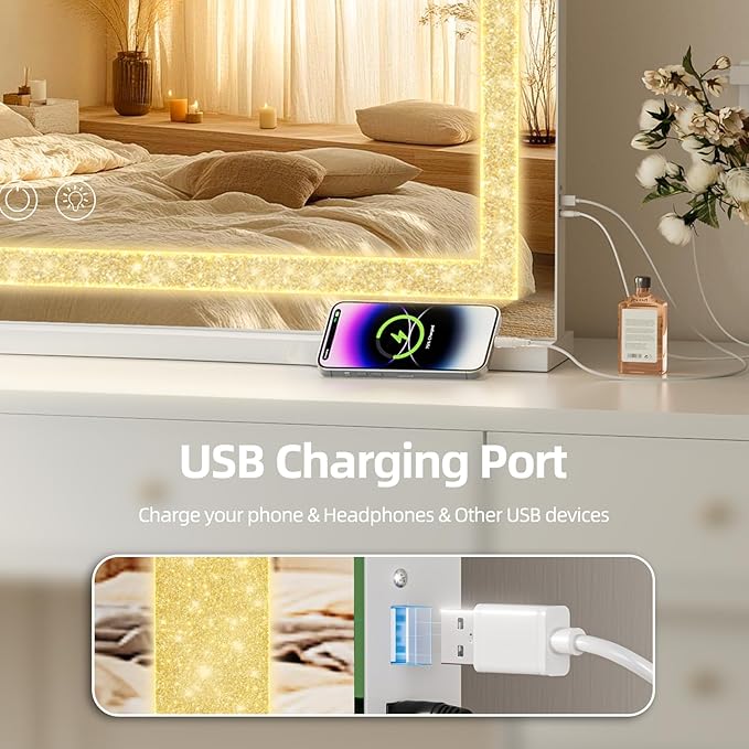 Fenair Vanity Mirror with Lights 22.8’ * 18.1’ Diamond Light Strip Makeup Mirror with Tempered Glass, 3 Color Modes Light up Mirror with USB Charging Port, 10X Magnification and Smart Touch, White