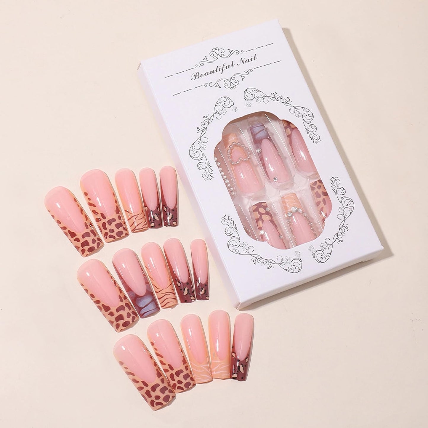 MISUD Press on Nails - Long Square Glue on Nails with Cheetah, Acrylic Fall Brown Design 24 pcs