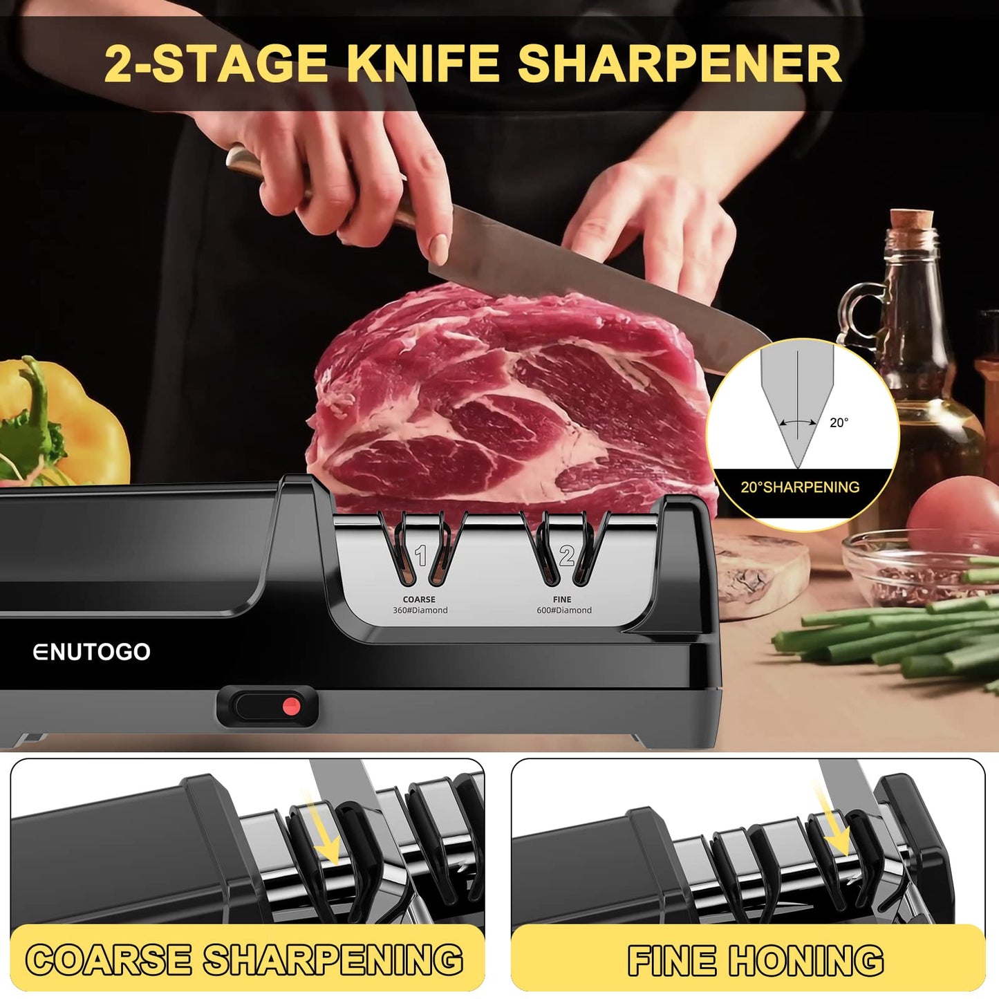 Enutogo Knife Sharpener, Professional 2-Stages Eleltric Knife Sharpeners with Diamond Abrasives for 20-Degree Straight Edge, Knife Sharpener for Kitchen Knives with Sharpening and Polishing