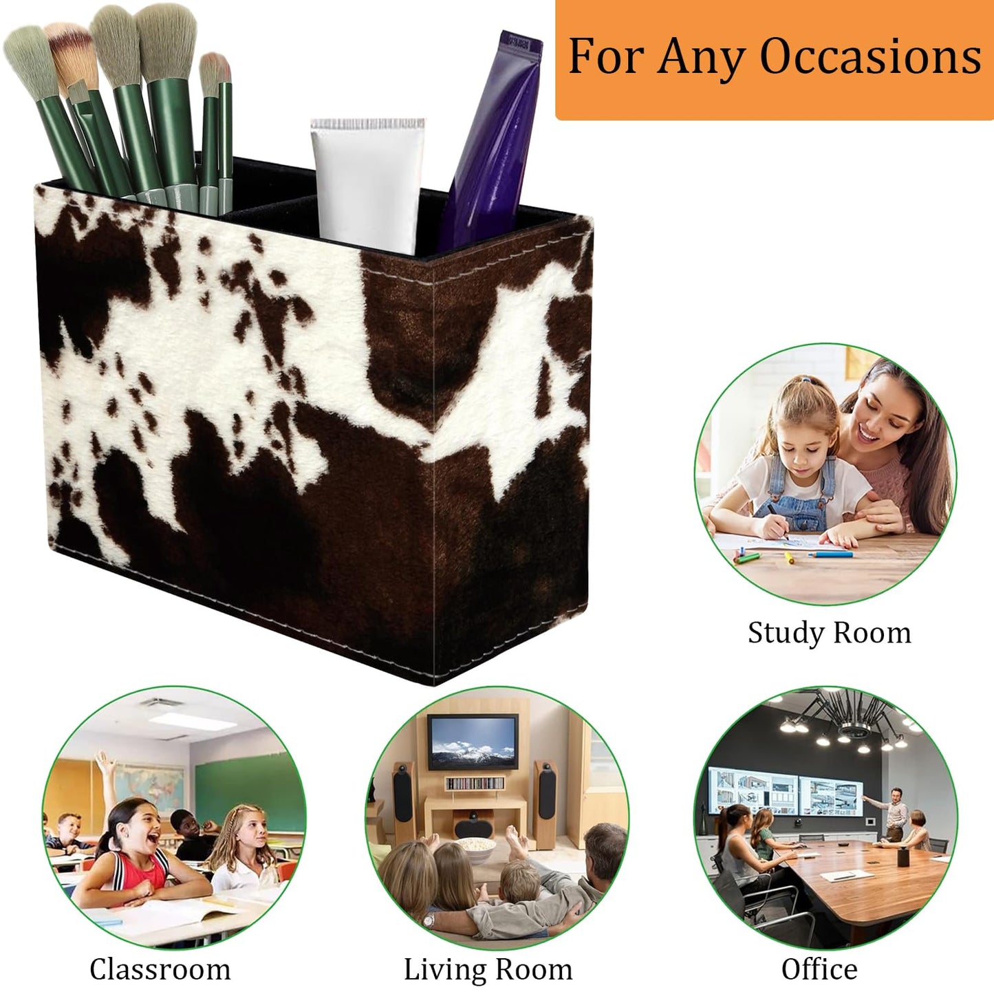 VSHSEEOM Pen Holder for Desk, PU Leather Multifunctional Desktop Storage Box and Anti-Slip Mouse Pad Set, Makeup Brush Holder Pen Organizer for Office and Home - Cow Hide Print