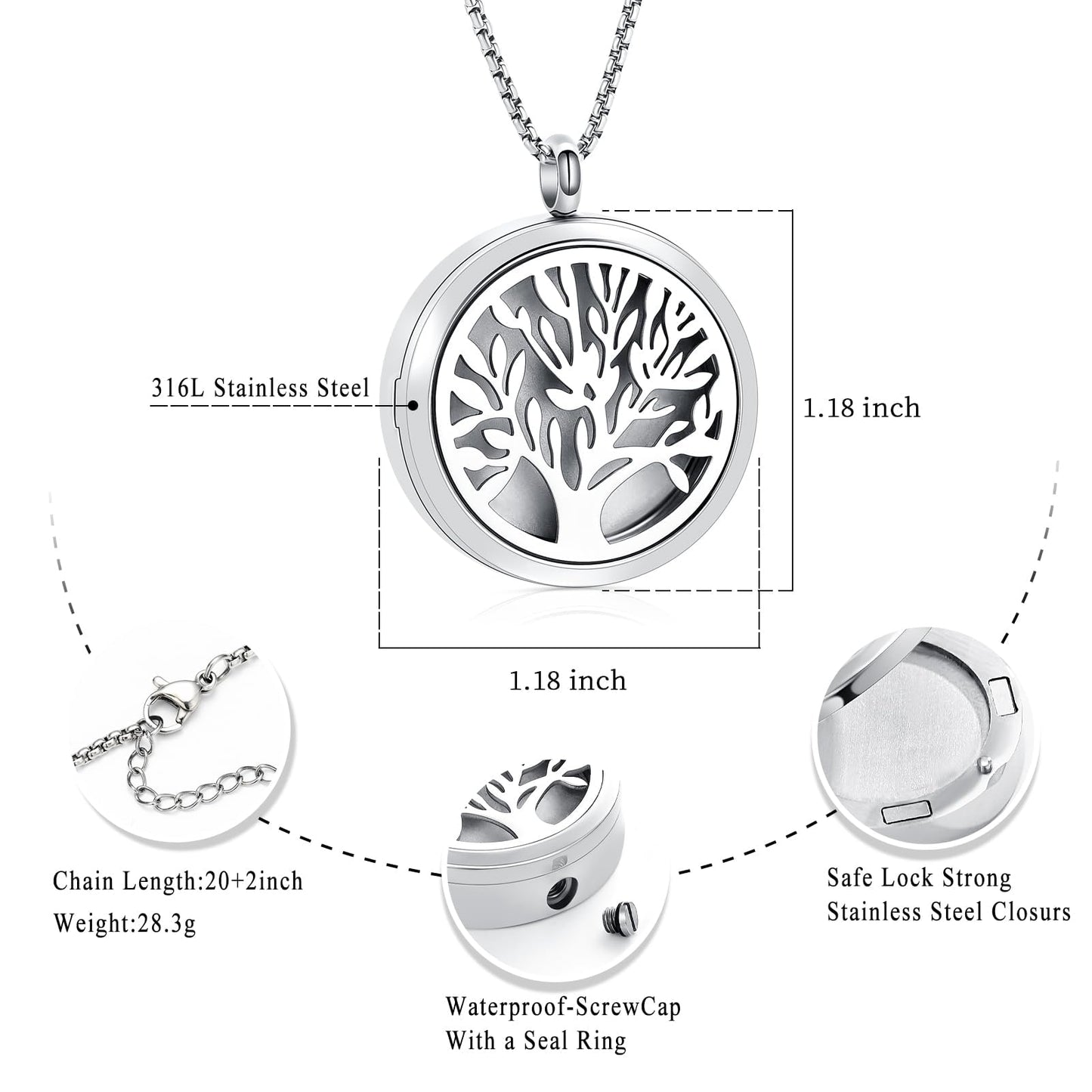 Minicremation Stainless Steel Paw Print Round Perfume Essential Oil Diffuser Pendant Necklace Women Aromatherapy Essential Oil Diffuser Locket Pendant Necklace, with Refill Pads (Silver-Tree of Life)