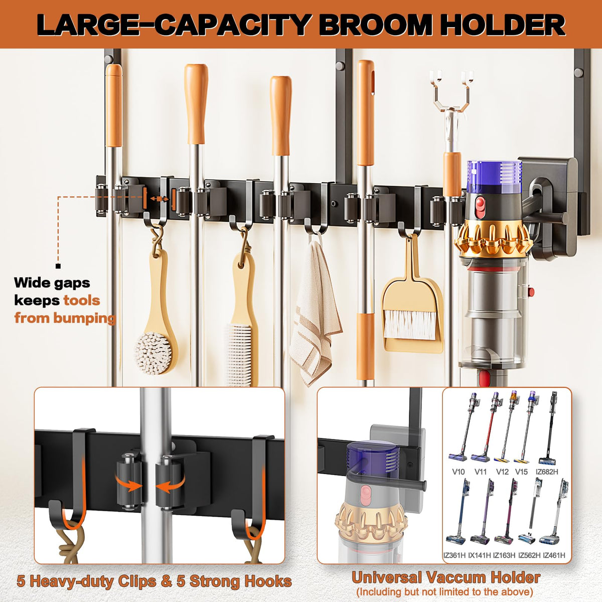 Broom Holder Wall Mount with Cleaning Supplies Organizer