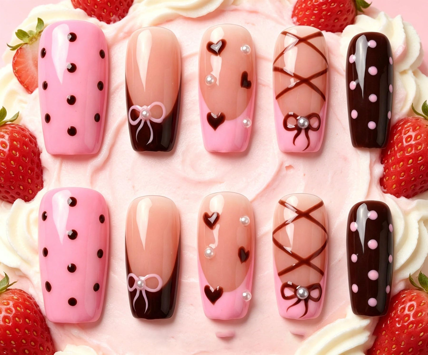 Handmade Press on Nails Square 3D Cute Glue on Nails for Women, Luxury Homemade Press on Nail Art Design, Fake Nails with 3D Nail Charms Size M 3