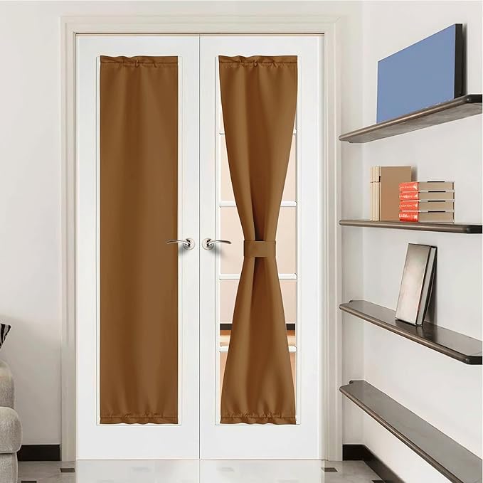 NICETOWN Glass Door Curtain for Kitchen - Window Thermal Insualted Curtain Solid Energy Efficient Rod Pocket for Metal French Patio Door Panel with Tieback, 12 x 72 inches, Gold Brown, 1 Piece