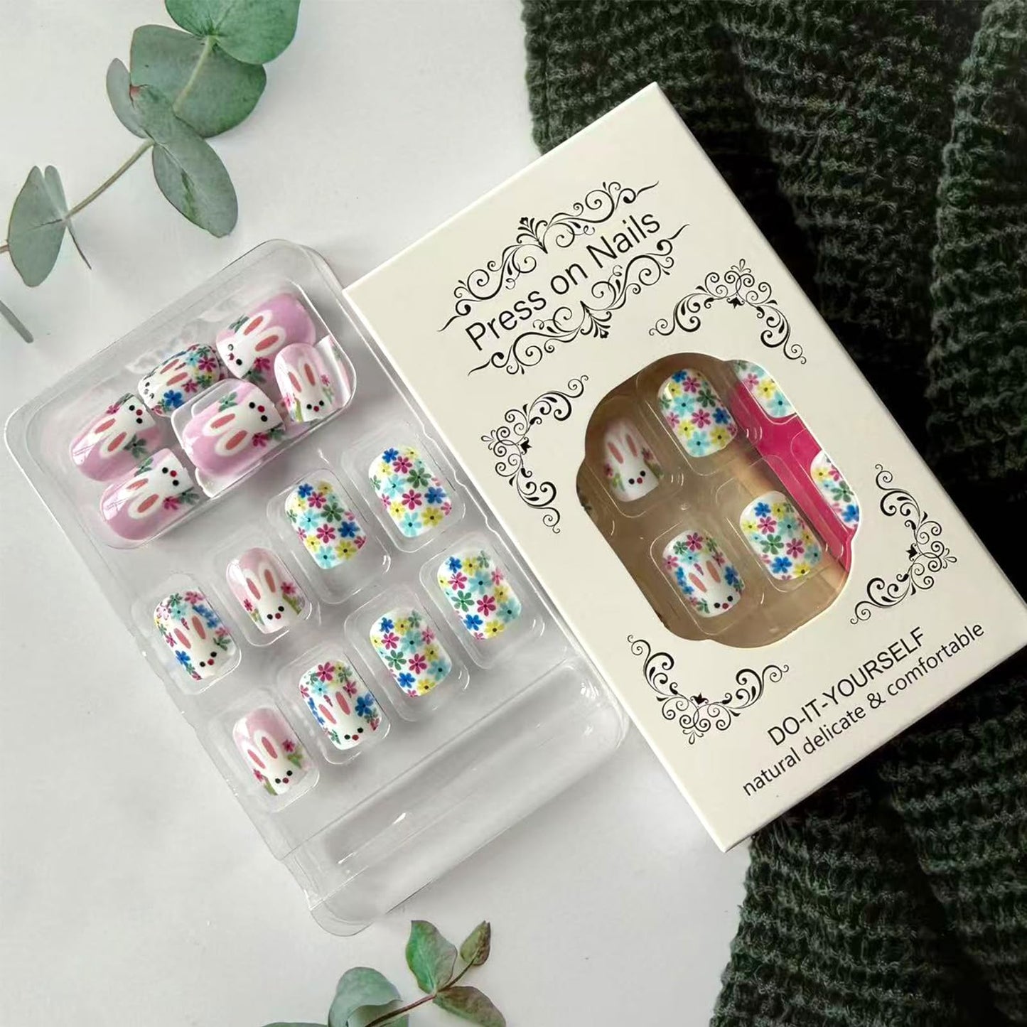 Colorful Flower Press on Nails Easter Short Square Fake Nails with Cute Bunny Designs Glossy Acrylic Nail Press ons Spring Floral False Nails Full Cover Glue on Nails for Women 24Pcs