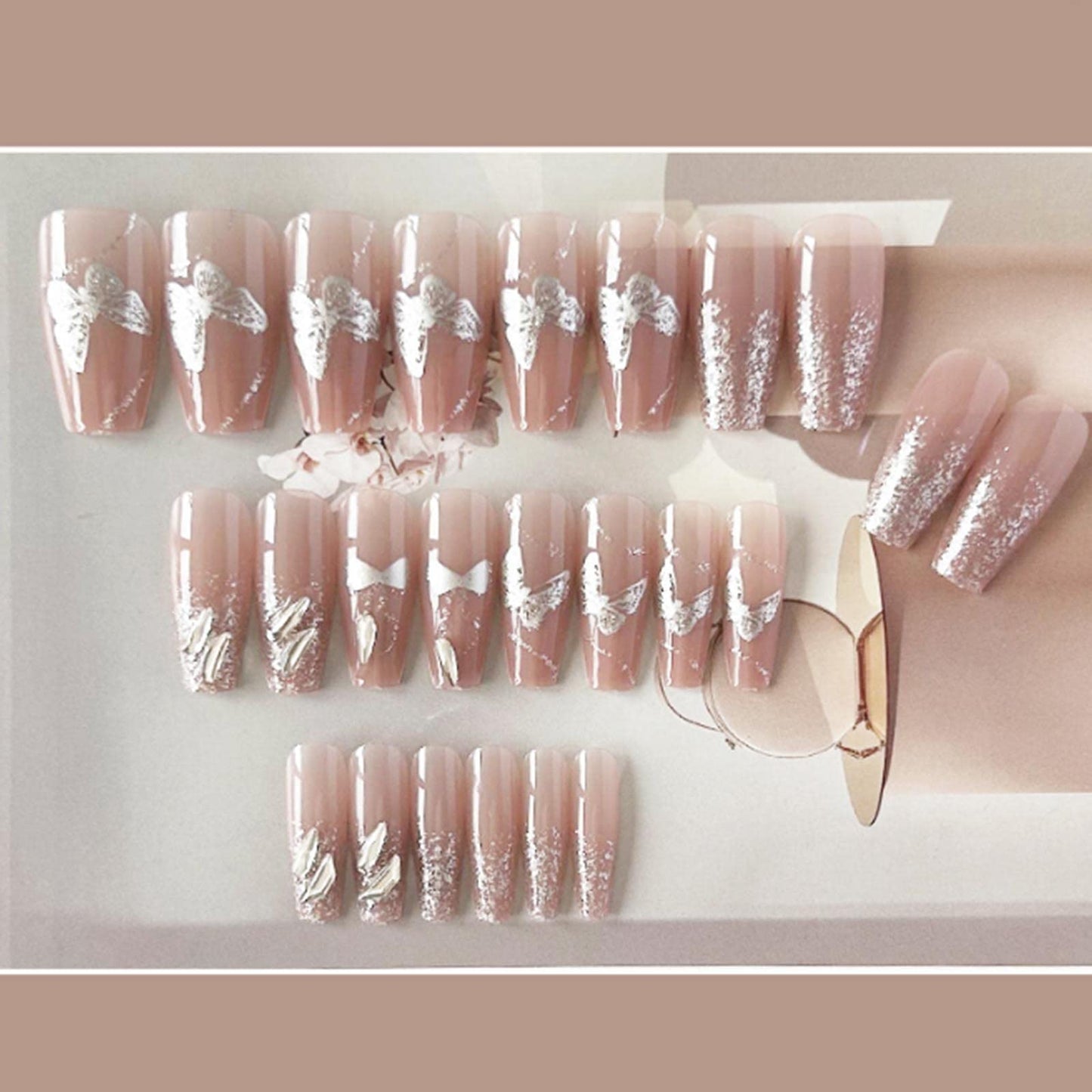 YoYoee Long Coffin Press on Nails Gradient False Nails Galaxy Butterfly Fake Nails Acrylic Bling Nails Tips for Women and Girls 24PCS