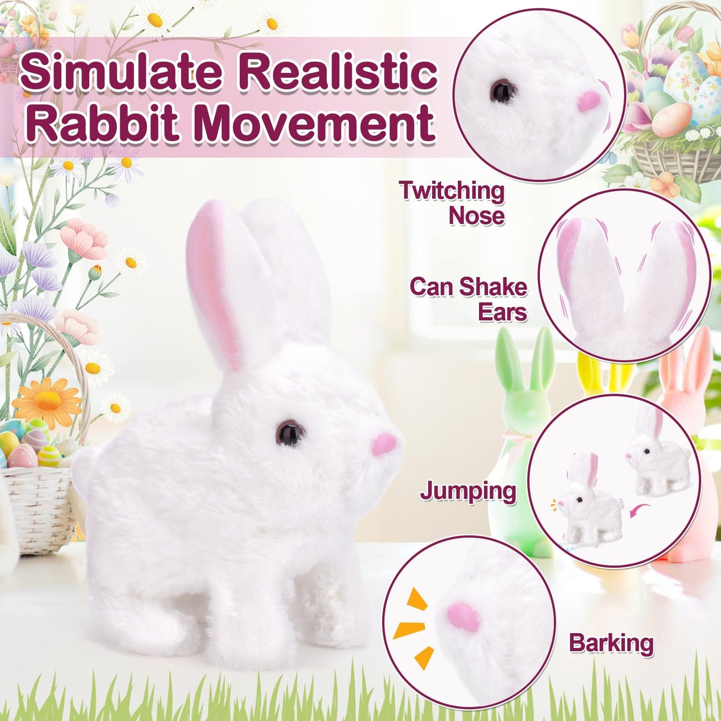 Realistic Bunny Toy, Easter Bunny Plush, Interactive Hopping Bunny Toy with Carrot, Stuffed Bunny with Sounds, Wiggling Ears, Mouth, Nose, Easter Basket Birthday Gift for Kids Girls Boys (White)