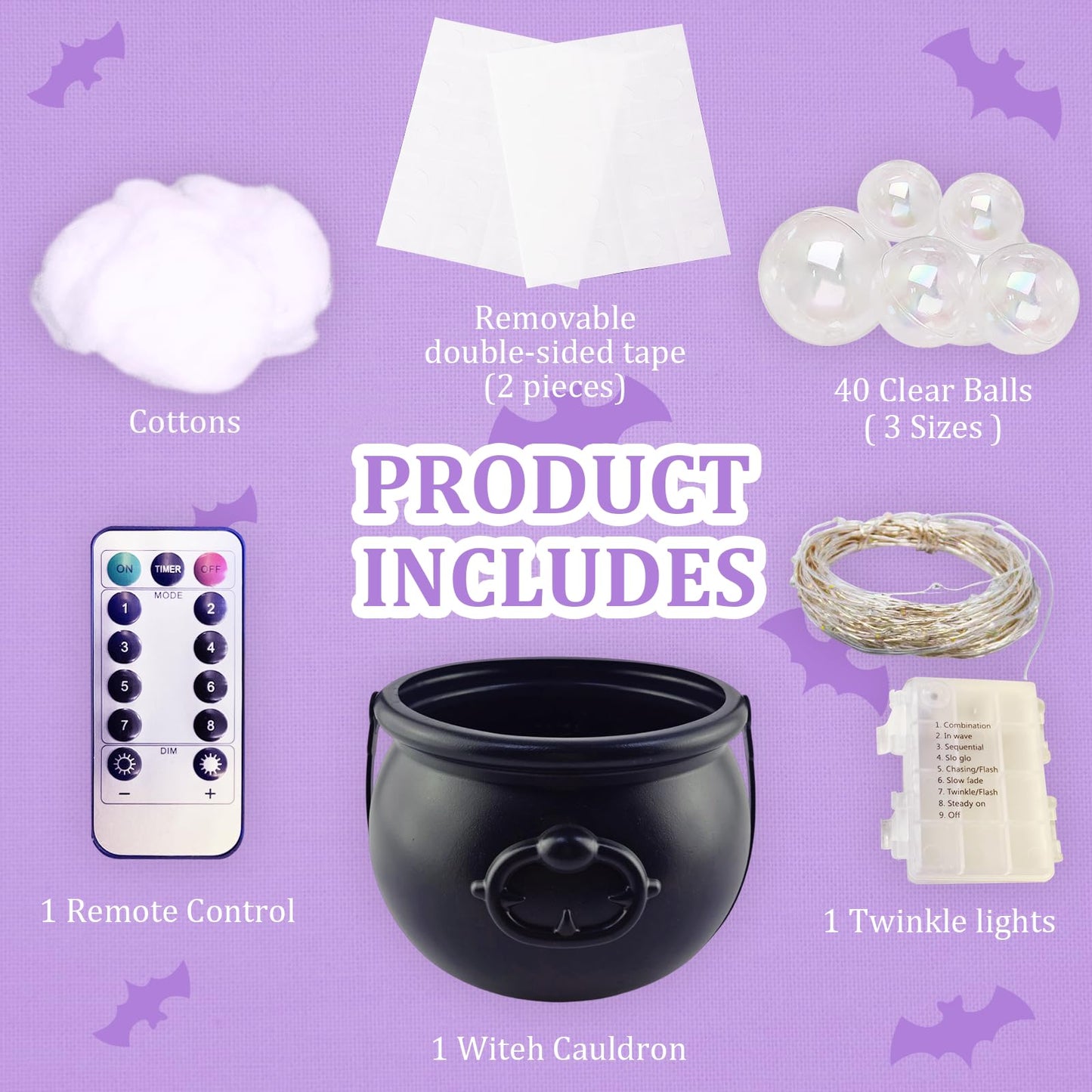 HEVOY Glowing Witch's Cauldron Set, Easy DIY Light-Up Bubbling Cauldron With Clear Ornaments, Halloween Party Indoor Prop Decor (Black)
