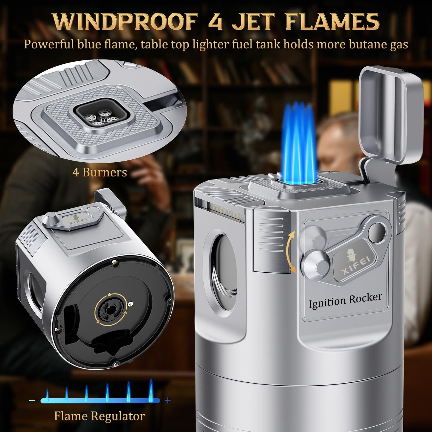 XIFEI 8-in-1 Desktop Cigar Lighter with Straight V-Cut Cutter, 3 Ashtrays, 3 Draw Enhancer Tools, 2 Stands, Cigar Punch, 4 Jet Flame Butane Torch Lighters, Luxury Accessories Gift Set (Silver)