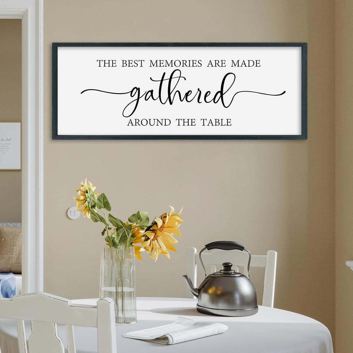SRSZHIYUE The Best Memories Are Made Gathered Around The Table Sign Wall Decor Art 40"×15" for Kitchen Dining Room Large Wood Framed Wall Hanging (Black)