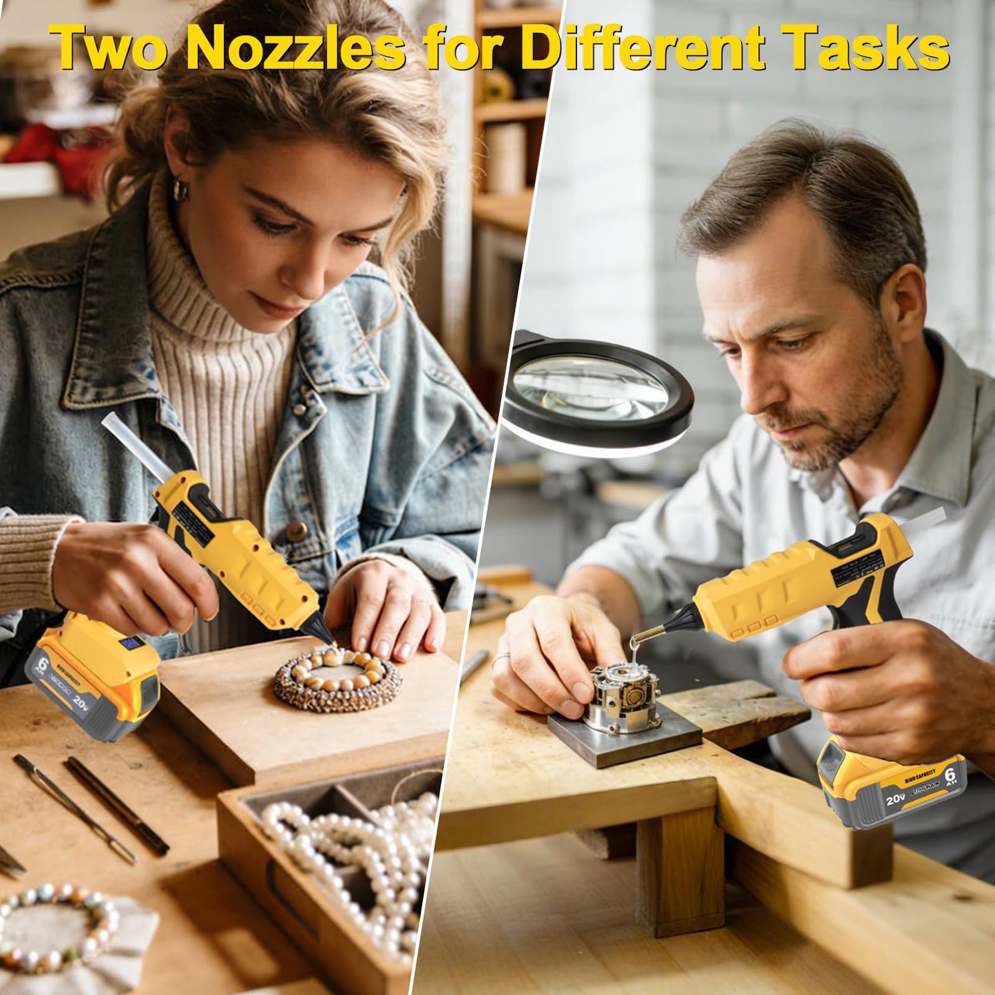 Cordless & Corded 2-in-1 Hot Glue Gun Compatible with Dewalt 20V Battery, 100W Digital LED Temp Adjustable Anti-drip Full Size Glue Gun with 1 replaceable nozzle & Glue Sticks (Battery Not Included)