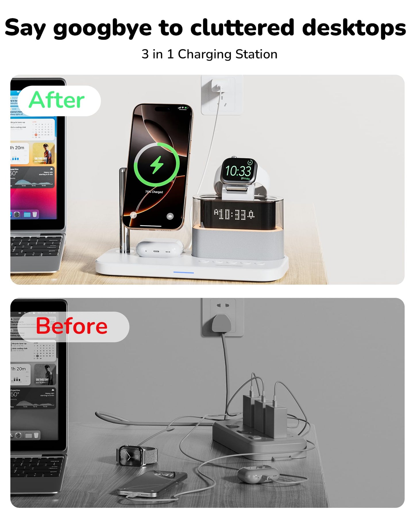 5 in 1 Wireless Charging Station for Apple,Magnetic Charger with Alarm Clock Night Light for Multiple Devices,Nightstand Charging Station Compatible with iPhone 17/16/15/14/13/12,Apple Watch,Air-Pods