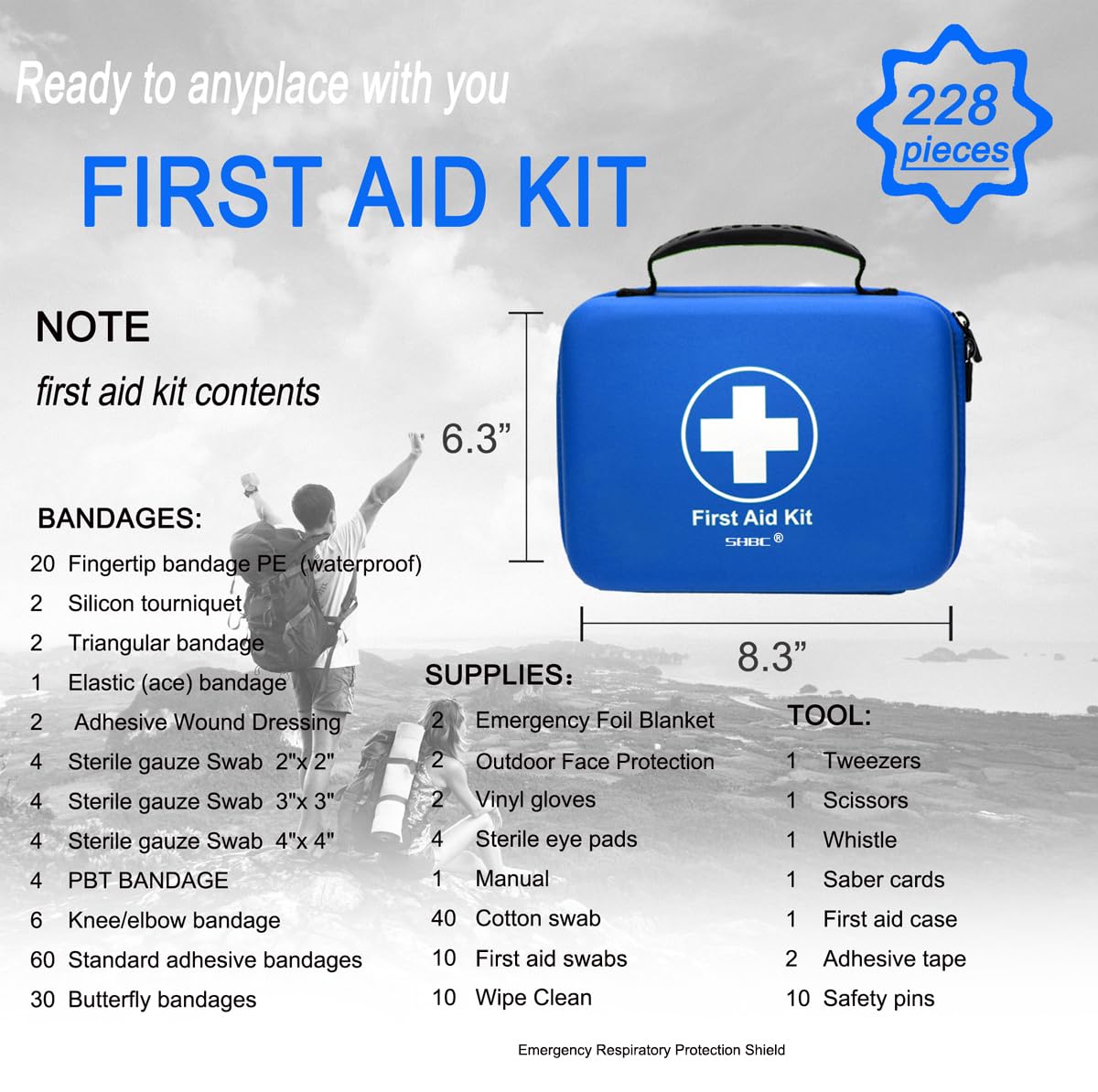 SHBC Waterproof First Aid Kit (228pcs) with All Basic or Advanced Supplies You Need. Suitable for Emergencies at Home or Outside, Travel, Home, Camping, Blue