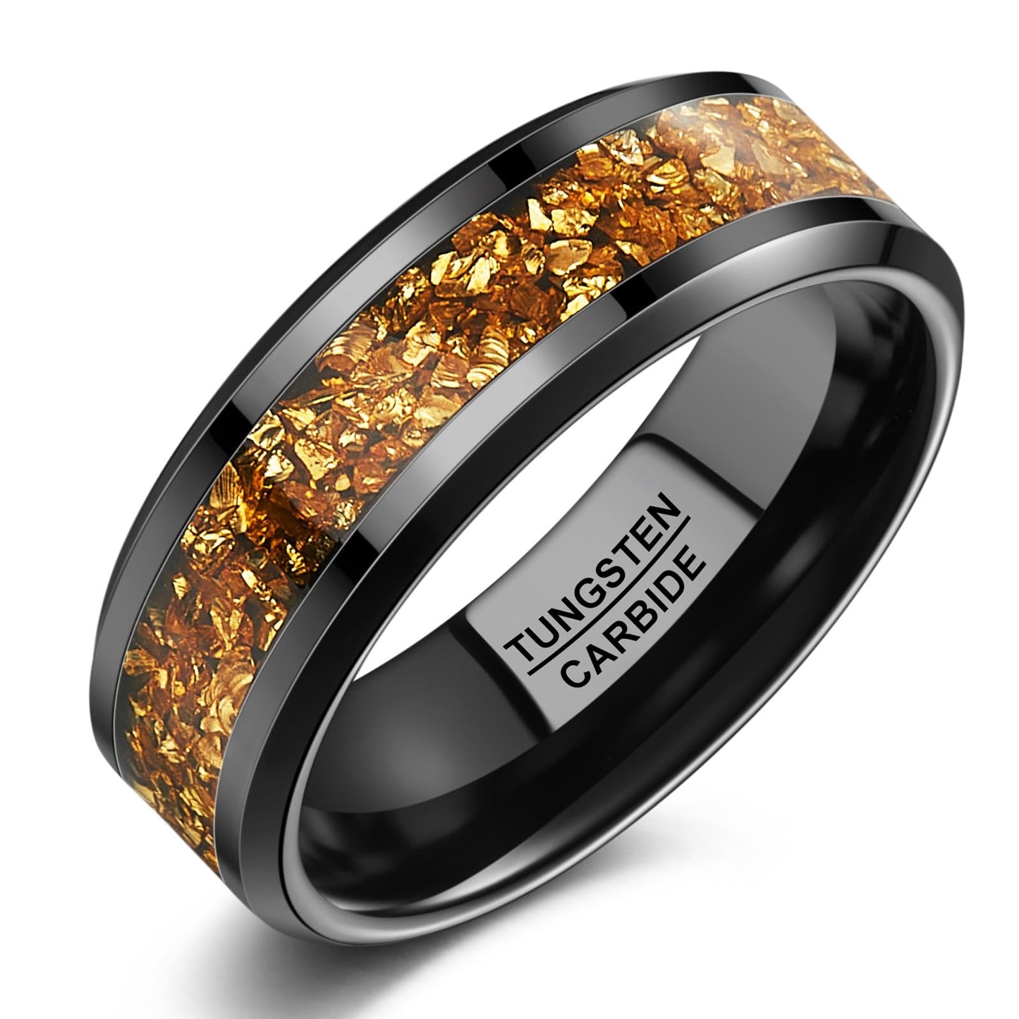 NUNCAD Men's Tungsten Rings 8mm Black Wedding Band Inlaid with Citrine Center Polished Domed Comfort Fit Size 8