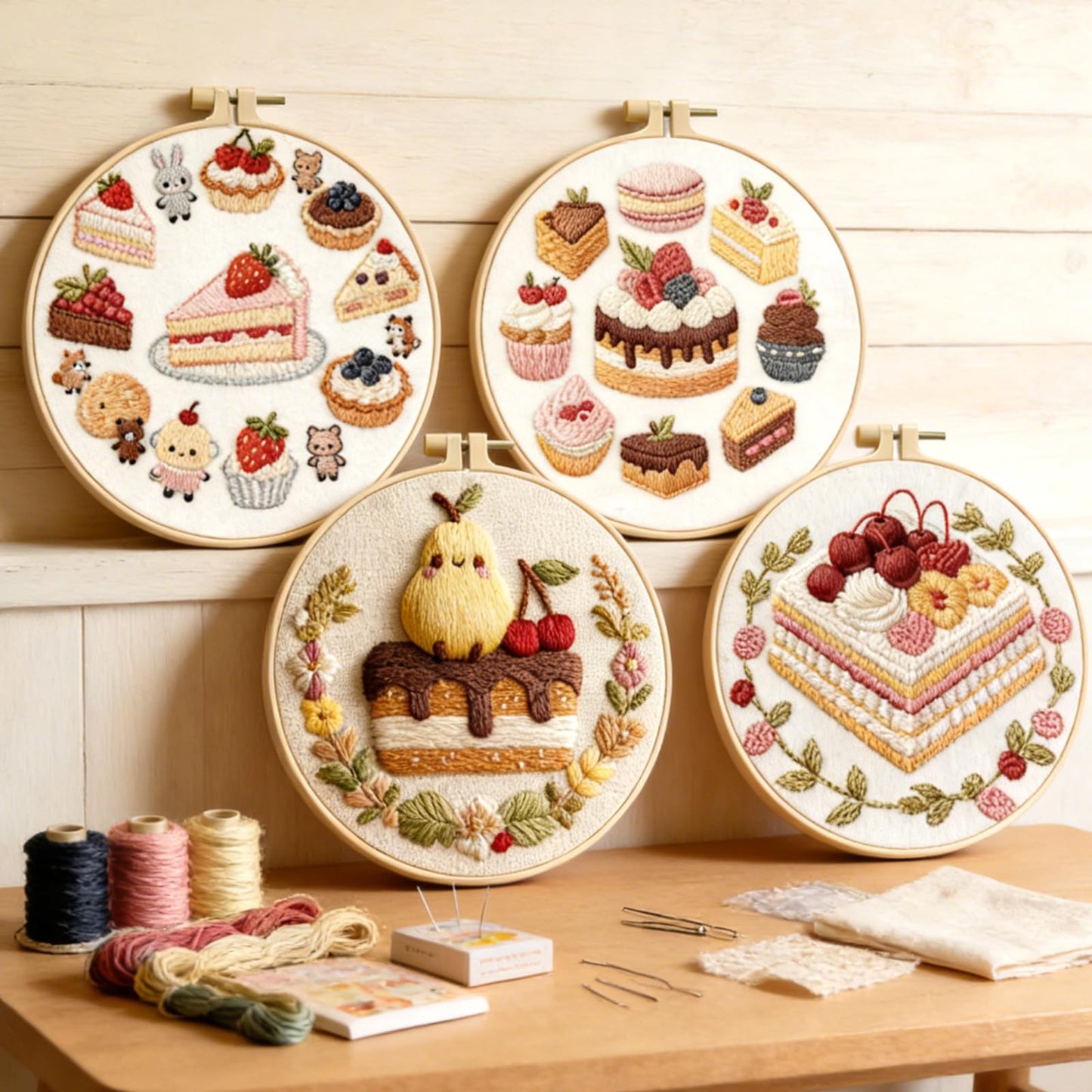 Embroidery Set for Beginners, 4 Sets Cake Fruit Beginner Embroidery Kit for Adults, Includes Embroidery Clothes with Pattern, Hoop, Instruction Manual, Color Stitch Set