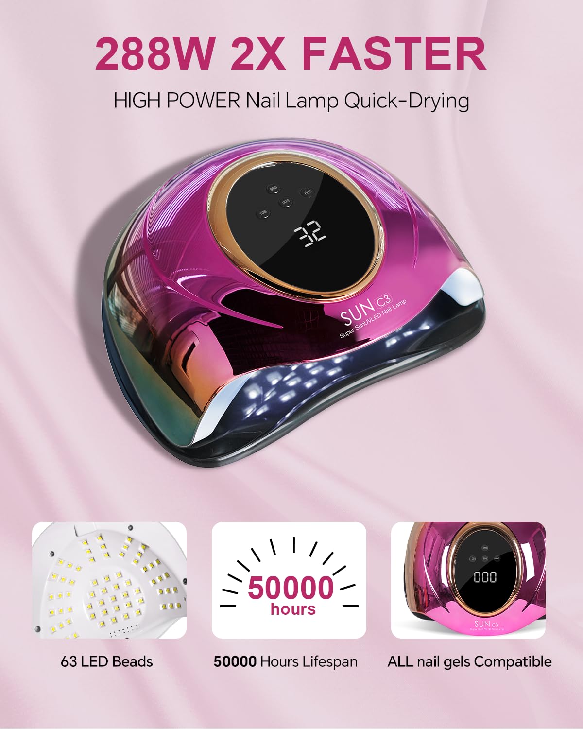 MIRAGE LAYON Professional UV Light for Gel Nails - 63 LED Beads with Auto Sensor & 4 Timer Settings, High-Power LED/UV Lamp for Fast Curing, Salon & Home Gel Polish Dryer