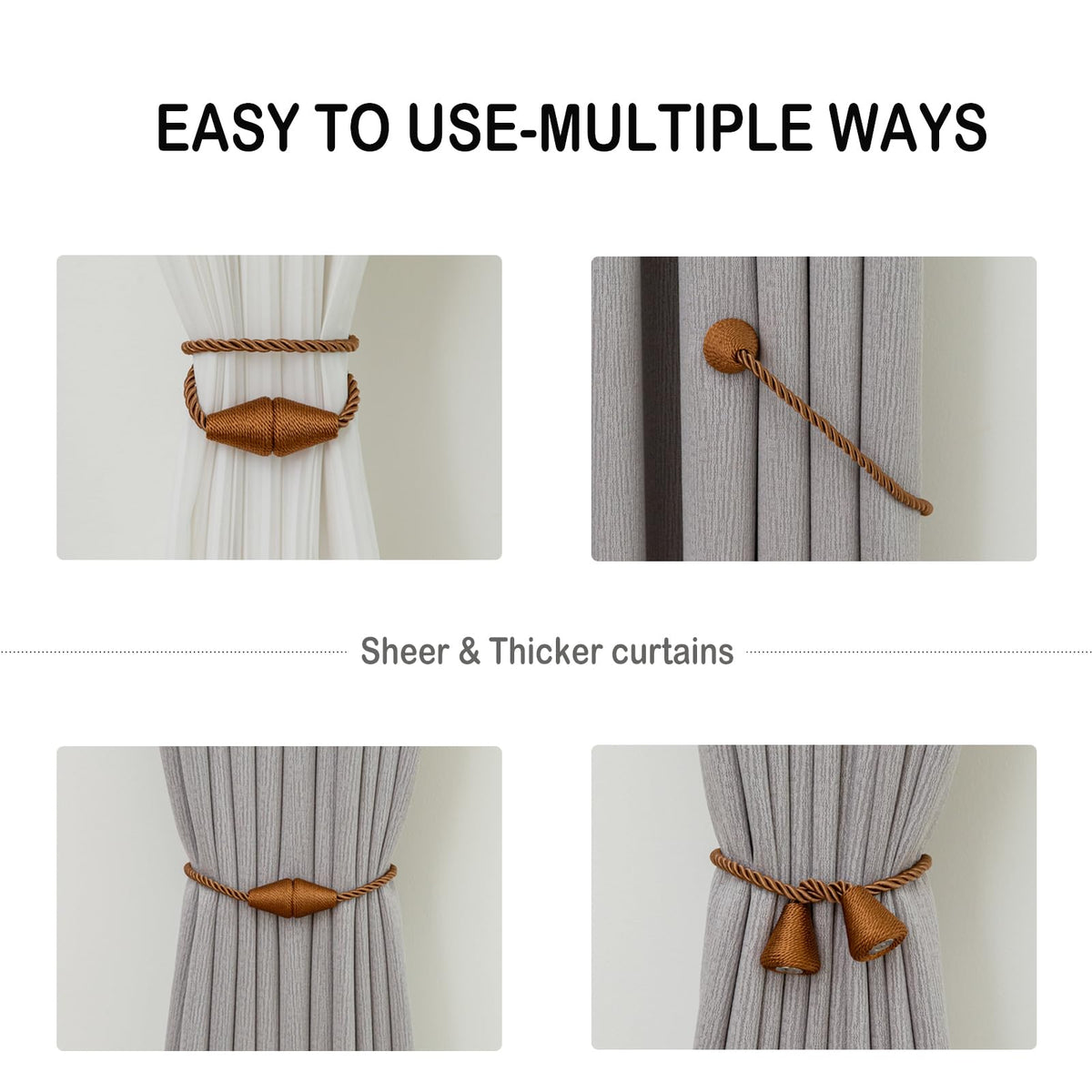 Magnetic Curtain Tiebacks 4 Pack Outdoor Rope Curtain Tie Backs Decorative Window Treatment Holdbacks for Home Decorative Curtain (4 Count)