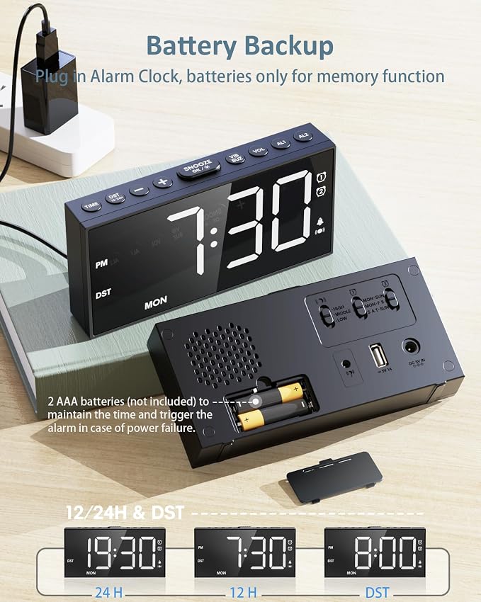 Vibrating Alarm Clock with Bed Shaker for Heavy Sleepers, 3-level Vibration