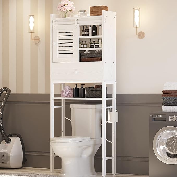 IRONCK Over The Toilet Storage Rack with Cabinet and Drawer, 6 Tier Bathroom Organizer Shelves Space Saver with Adjustable Shelf, Sliding Door, Paper Hook, White