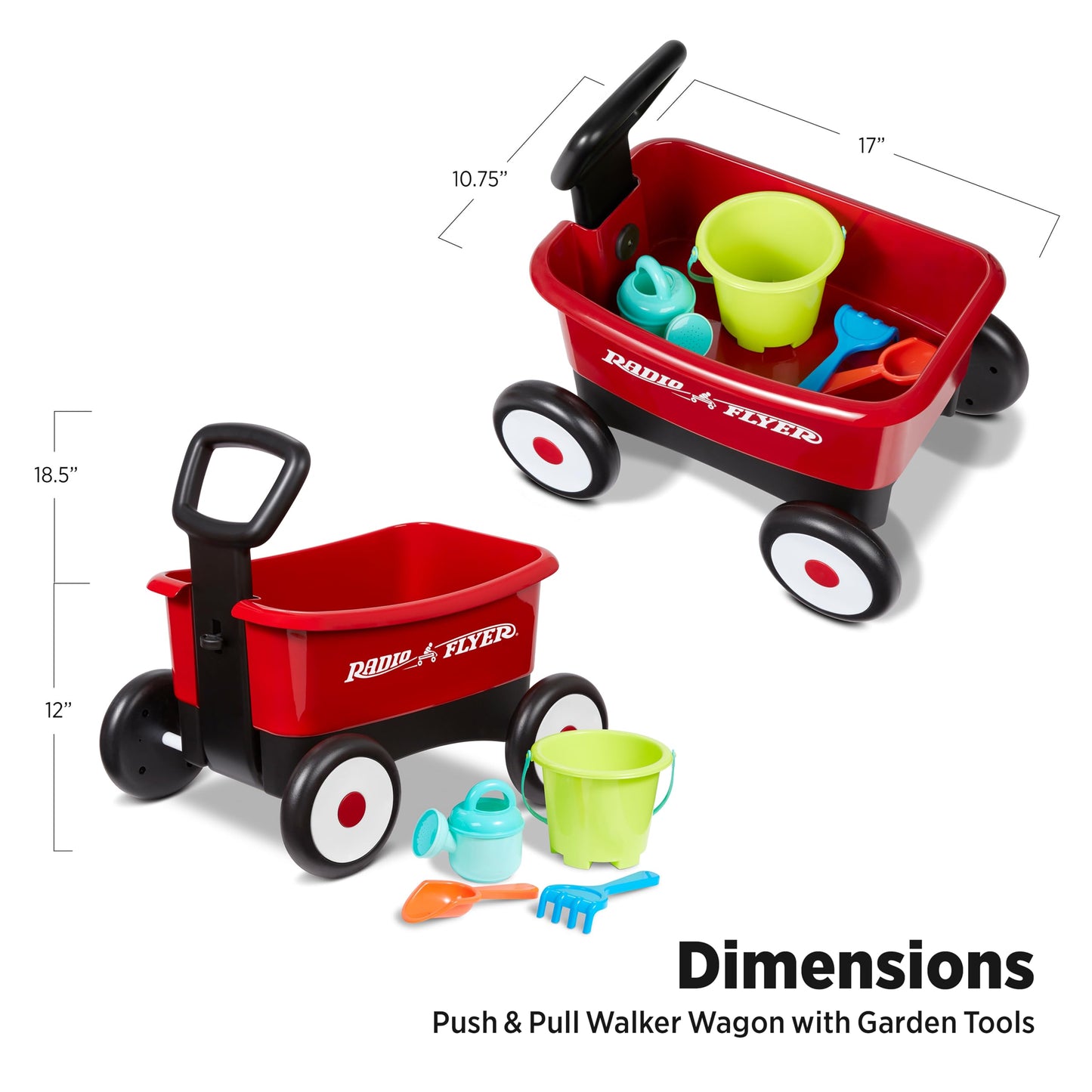 Radio Flyer Push & Pull Walker Wagon with Garden Tools, Red, for Kids 1-4 Years Old, Locking Handle for Stability, Baby Push Walker Converts to Pull Wagon, for Indoor & Outdoor Play