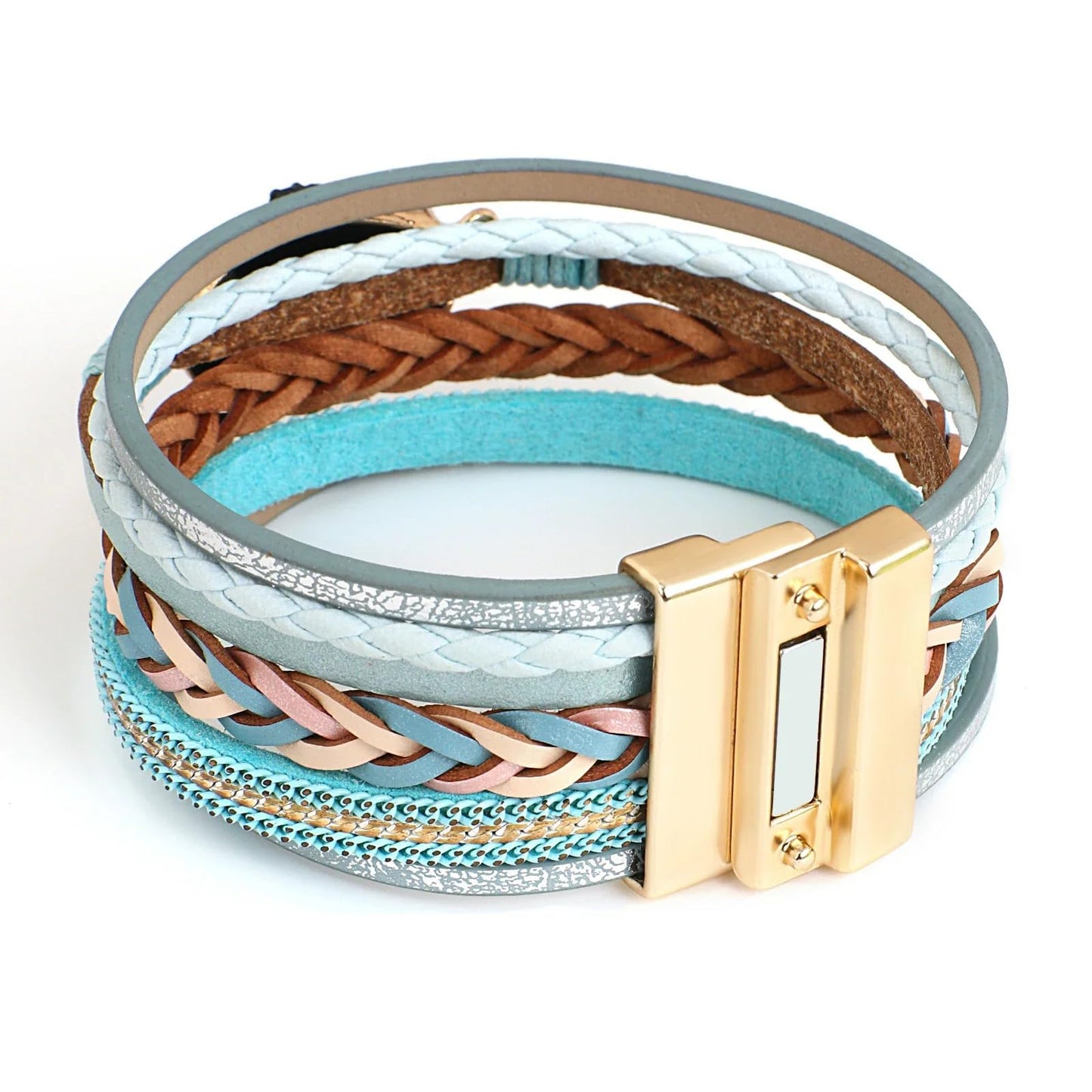 Leopard Bracelet for Women, Boho Leather Wrap Multi-Layer Pearl Crystal Bracelet Bangle Jewelry(Woven Leather(Blue))