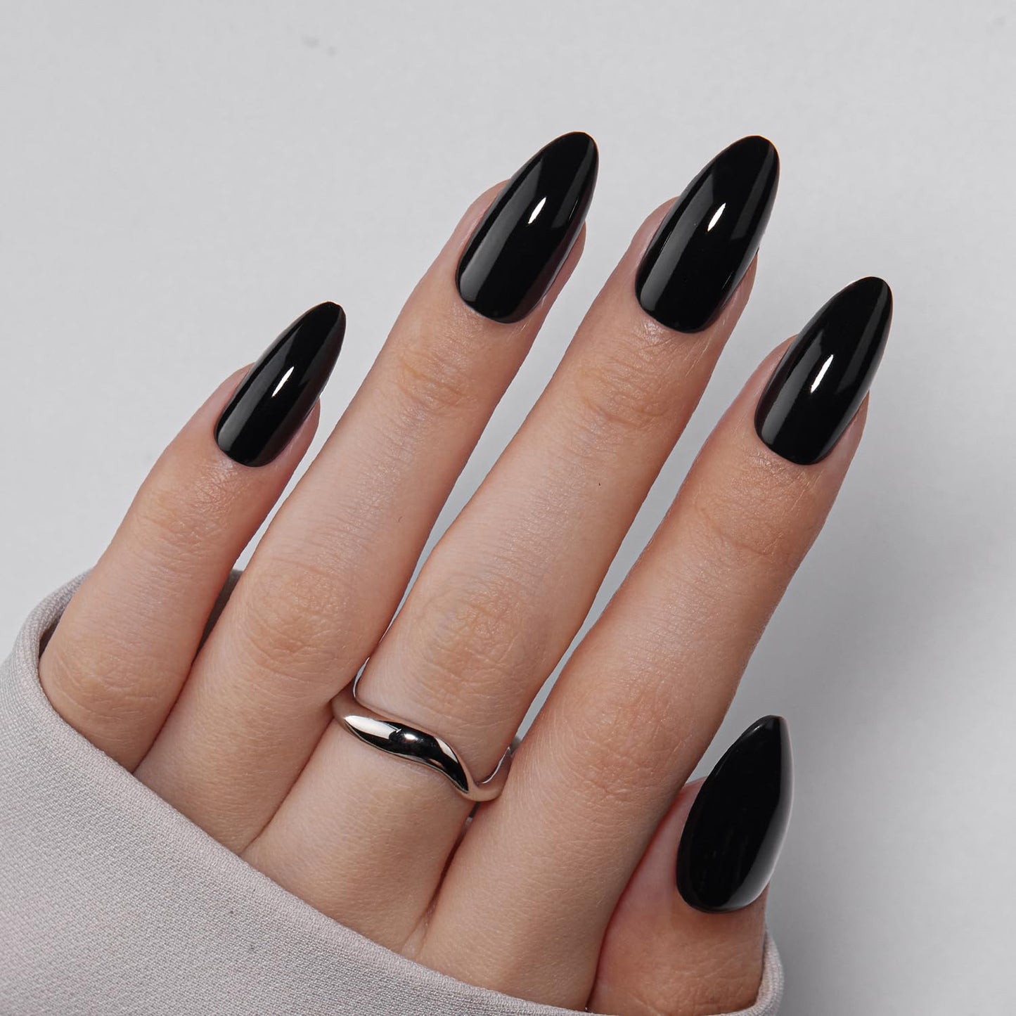 VSALON Press on Nails Medium Almond - Green Cat Eye and Solid Black Glue on Nails, Reusable Soft Gel Fake Nails - 2 Set of 32 PCS