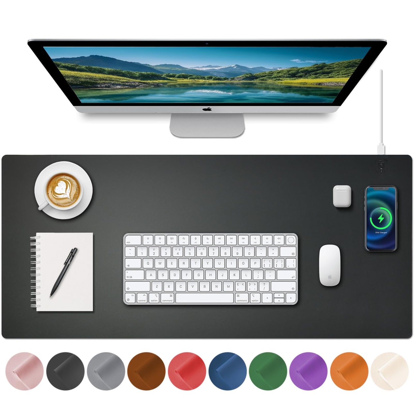 Desk Mat with Wireless Charging, Black Mouse Pad with Wireless Charger, Desk Pad Matt for Desktop, Mousepad Gaming Large Mouse Pad, Leather Compute for Keyboard and Mouse, 32" x 16"