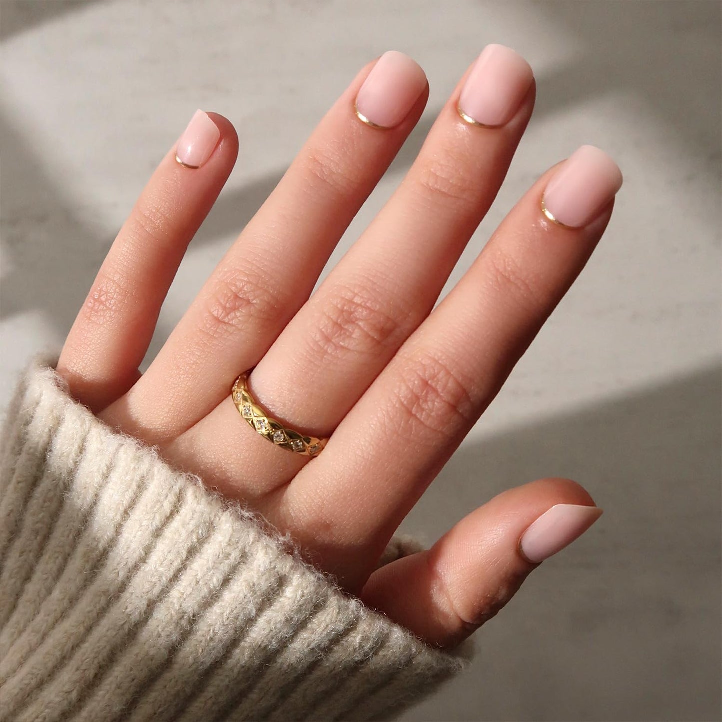 Glamnetic Press On Nails - Super Short Round Fake Nails, Nude Neutral Nails with Gold Reverse French Tip, Quiet Luxury | 12 Sizes - 30 Nail Kit with Glue | Gift for Mom