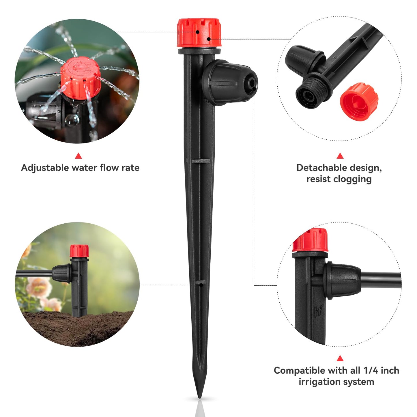 La Farah 50pcs Drip Irrigation Emitters with Stake, Adjustable 360 Degree Water Flow Lock Barbed Dripper for 1/4" Drip Irrigation Tubing，Garden Irrigation Sprayer for (4-7mm) Watering System