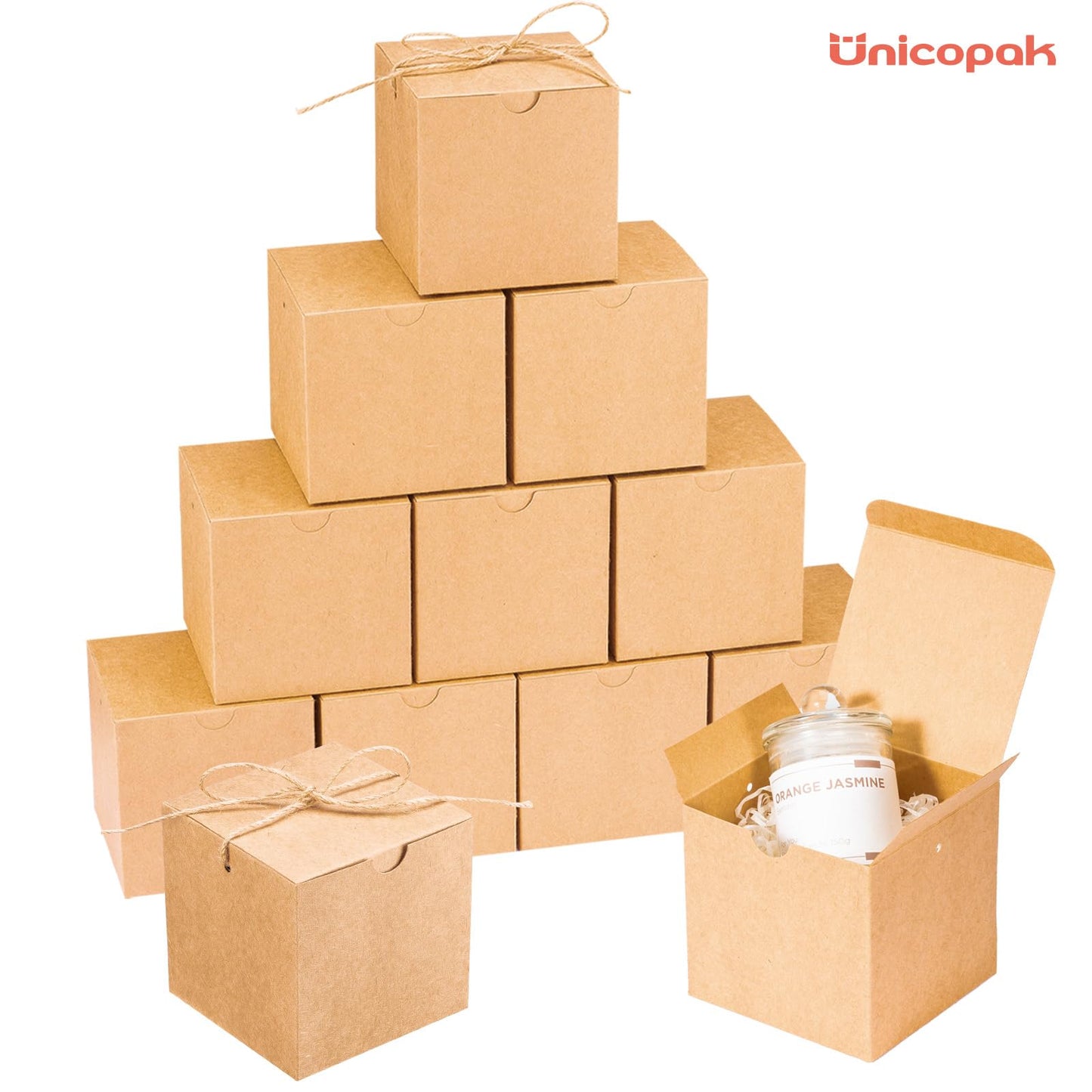 UnicoPak 30 Pack 4x4x4 Small Brown Gift Boxes with Lids & Twine - Premium USA Kraft Cardboard - Pop-Up Easy Assembly Gift Boxes for Presents, Candles, Mugs, Ornaments, Favors