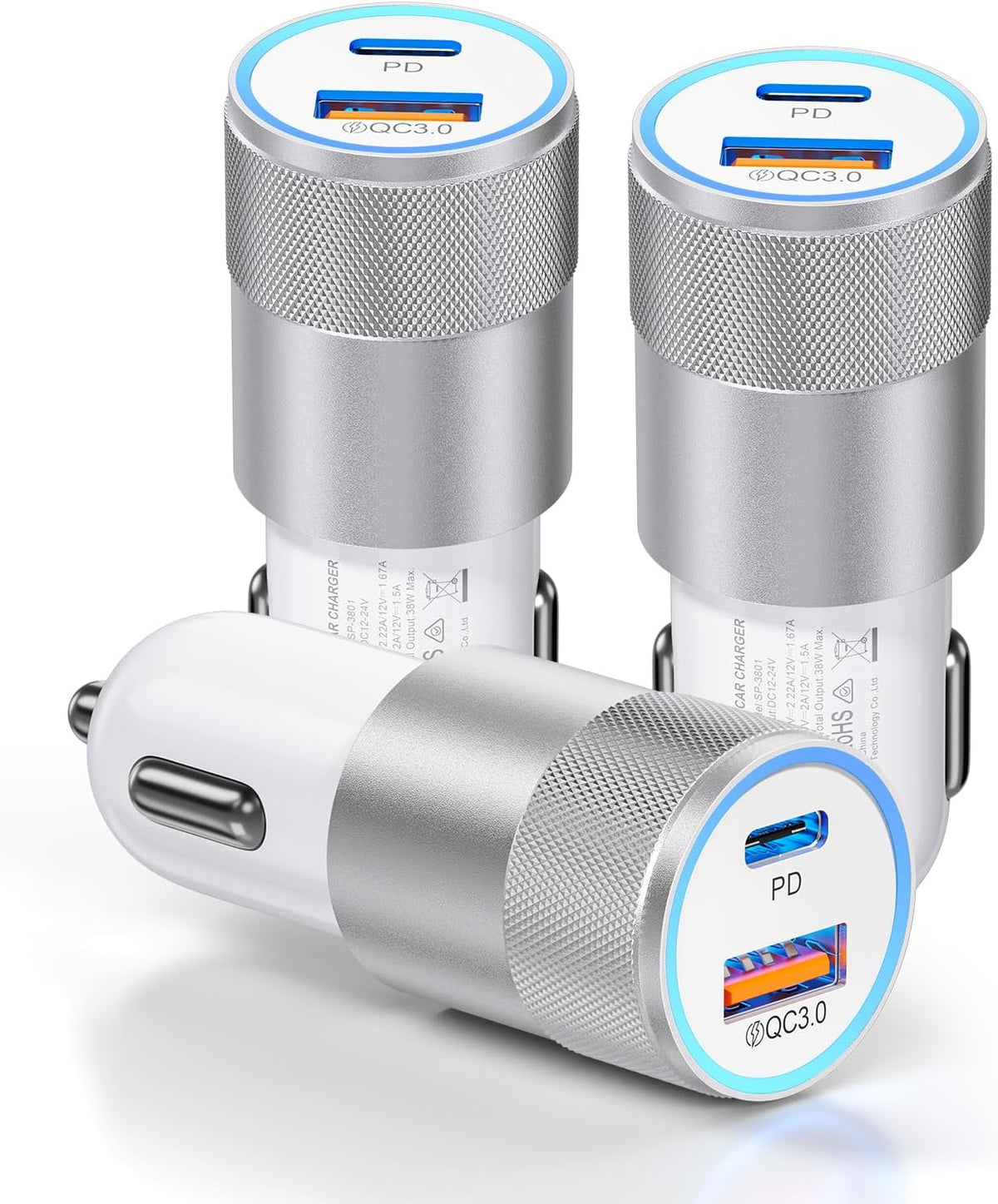 3-Pack Car Charger, Ancekoy 38W Dual Port Fast Charge PD & QC 3.0 Car Adapter Cigarette Lighter USB Plug for iPhone 16/15/14/13 Pro Max, iPad, Galaxy S25/S24/S23 and More (White)