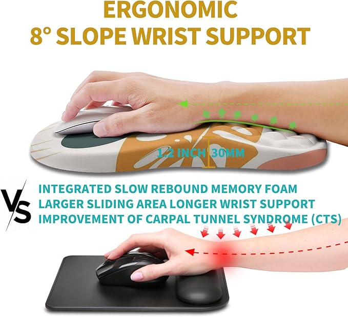 Hokafenle Ergonomic Mouse Pad Wrist Support, Wrist Rest Mousepad for Carpal Tunnel Pain Relief with Integrated Memory Foam Slope Massage Bulge (11.8x7.9 inch,Abstract Leaves