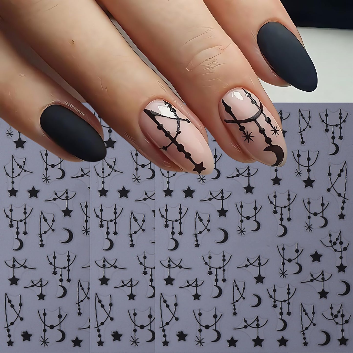 6Sheets Black Silver Line Nail Art Stickers 3D Self-Adhesive Stars Moon Nail Design Decals Y2K Style Nails Supplies Retro Line Moon Star Manicure Accessories for Women Acrylic Nails Salon Decorations