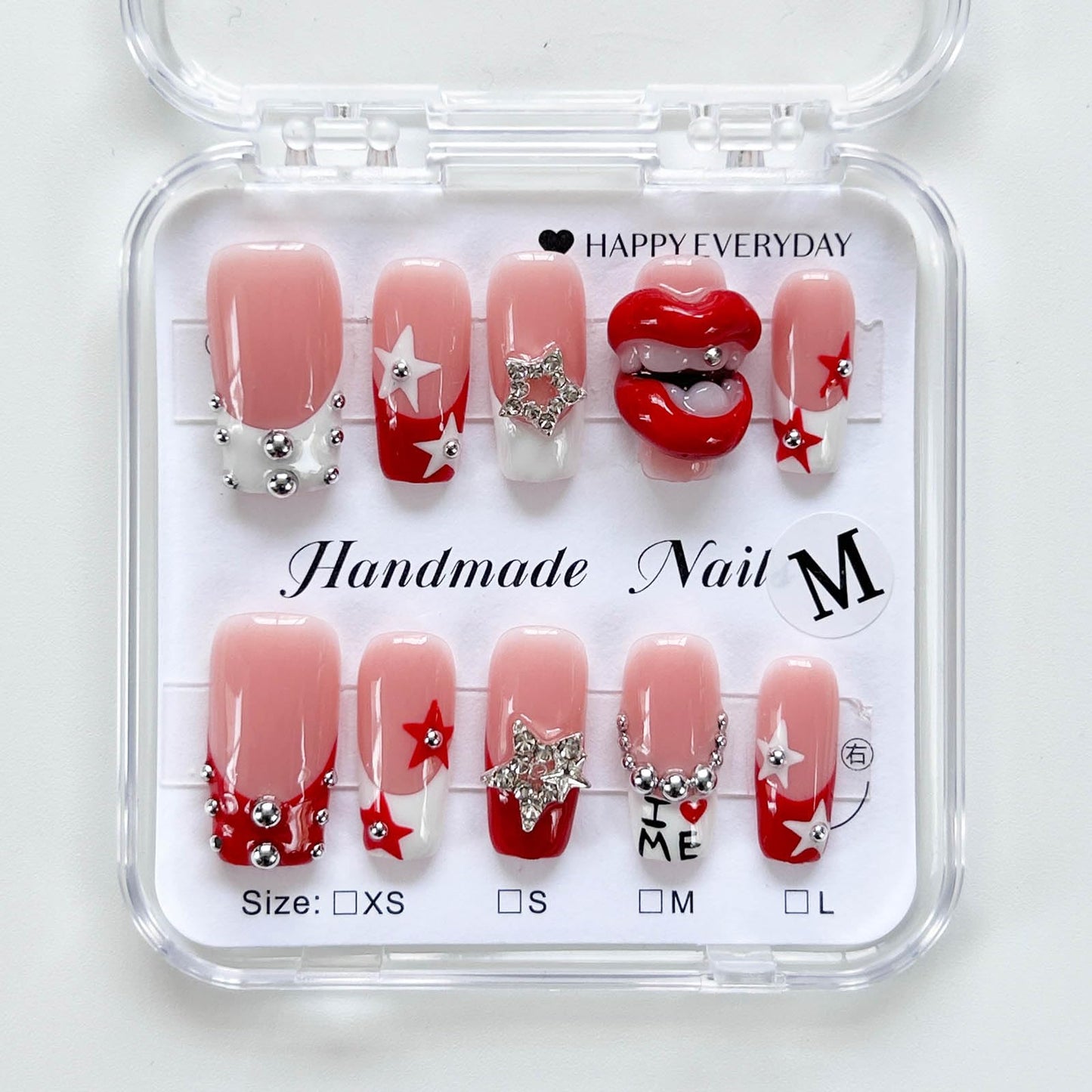 Medium Square Handmade Press on Nails Red White Star & 3D Lips Embellishment Luxury Thick Acrylic Fake Nails 3D Rhinestone Nails Press Ons Stick on Nail for Women 10Pcs (Size M)