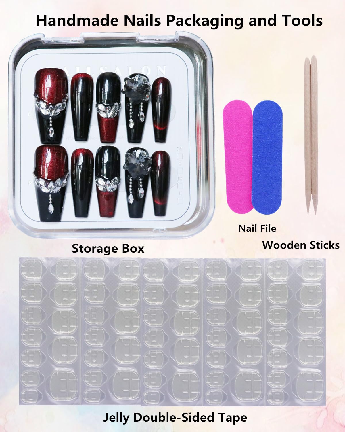 CAMILCY Press on Nails Handmade Nails Luxury Reusable Fake Nails For Girls long Coffin Armor Gradient Black RedDiamonds HandPainted Salon Loveful Design Acrylic GelUV Finished 3D Nails 10PCS (A008, M)