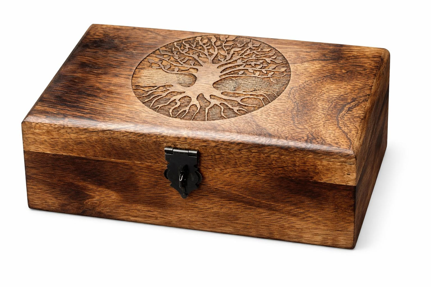 ELSHIL Handmade Mango Wood Keepsake Box with Engraved Tree of Life – Wooden Jewelry Box, Trinket Box, Flame Worked Finish, Unique Gift for Women & Men