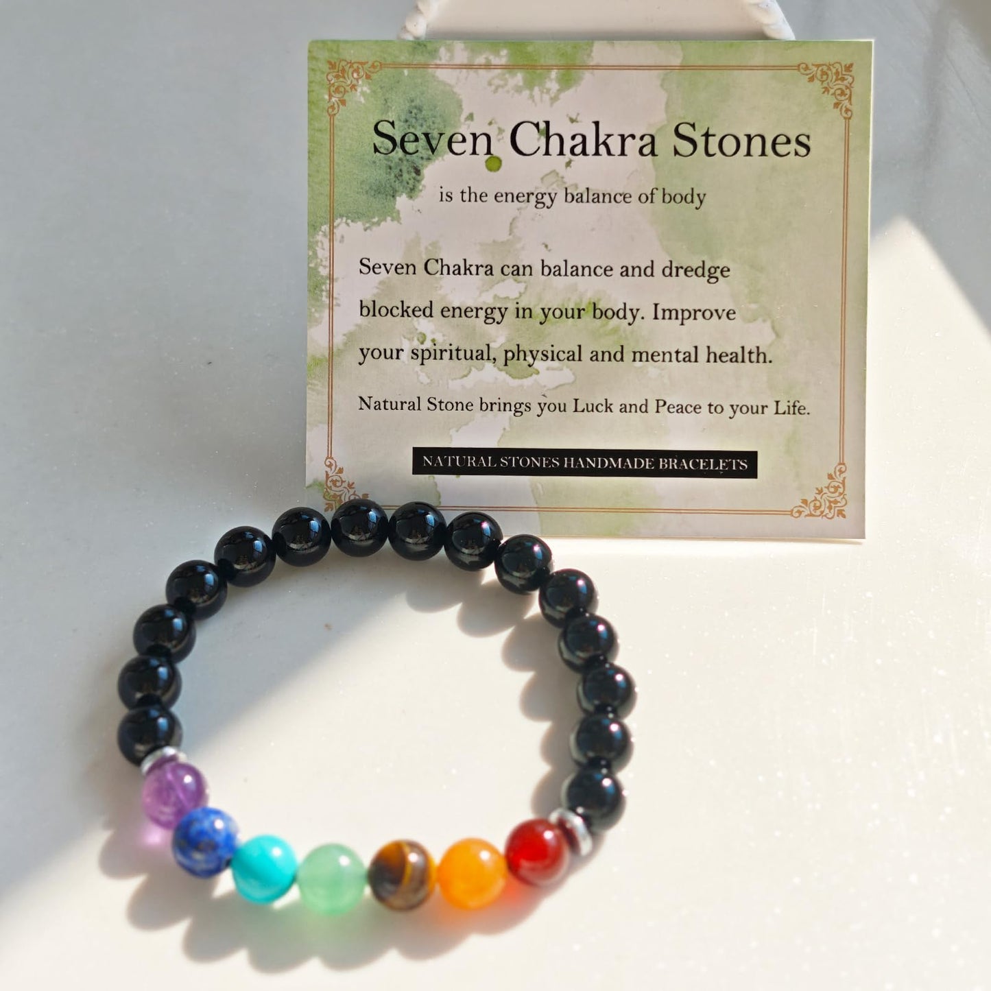 Handmade Natural Gemstone Elastic Bracelet - Healing Crystal Beads Jewelry, Unisex (Seven Chakra Stones, 8mm)