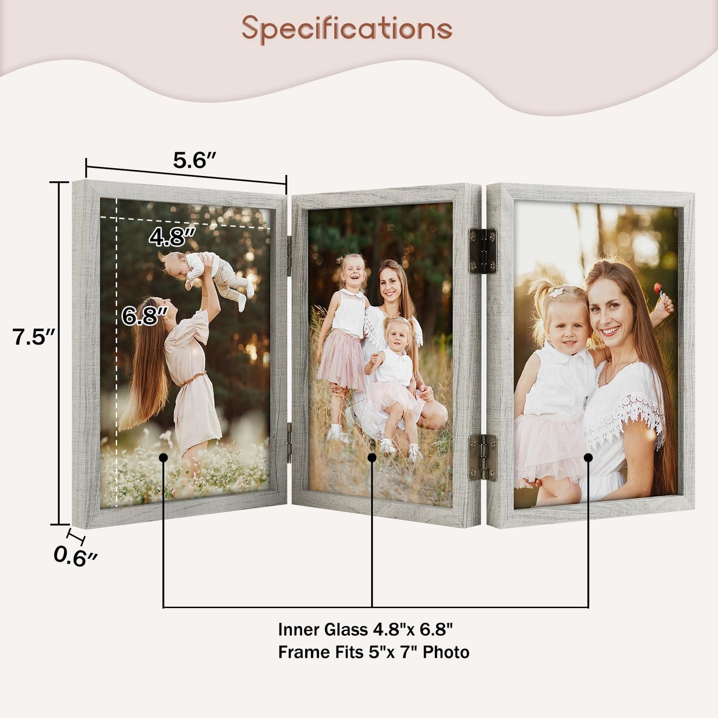 Space Art Deco Triple 5x7 Picture Frame, 3 5x7 Folding Photo Frame, Standing Vertically on Desktop or Tabletop, Home Decorative Christmas Holiday Gift, Whitewashed Oak
