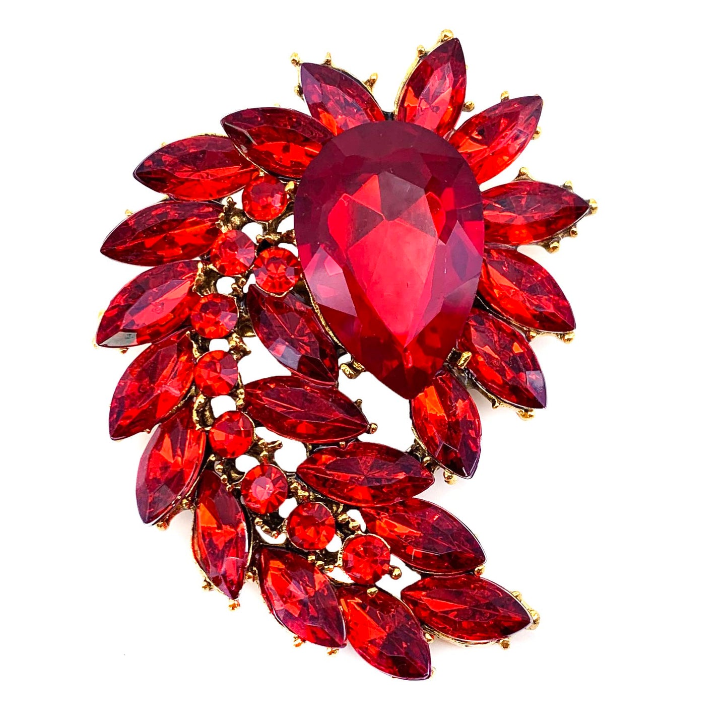 SELOVO Marquise Shape Rhinestone Large Red Leaf Brooch Pin Jewelry Antiqued Gold Tone