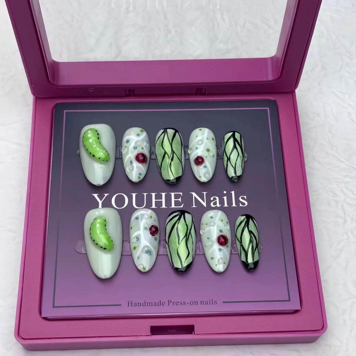 Threelegscat Press on Nails Almond Medium Handmade Fake Nails with Cute Leaf Designs for Women and Girls Size L 10pcs