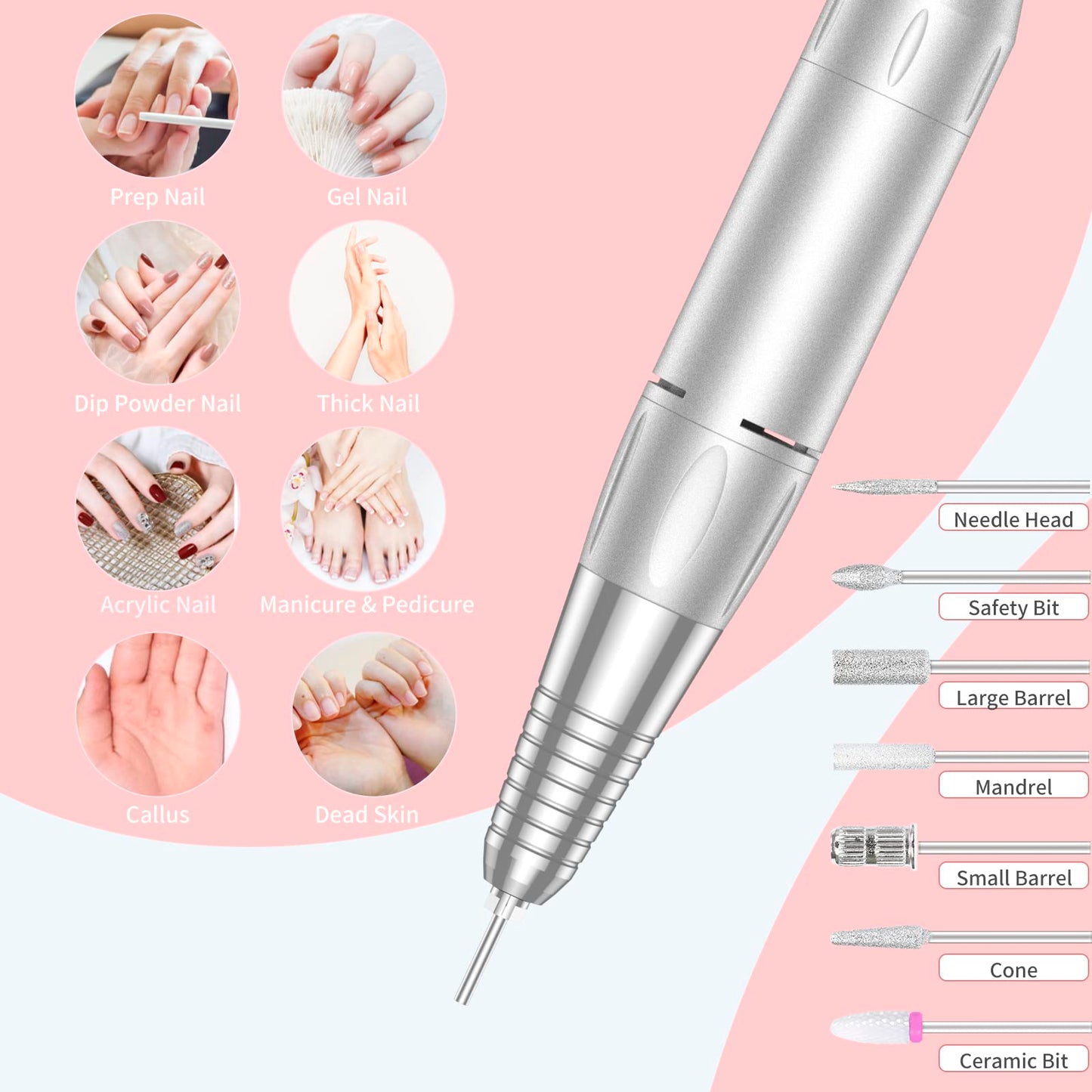 MOCOWIND Portable Nail Drill Professional 35000 RPM, Rechargeable Electric Nail File Machine Cordless E-File for Acrylic Gel Polishing Removing with Bits Kit for Manicure Salon Home, Pink